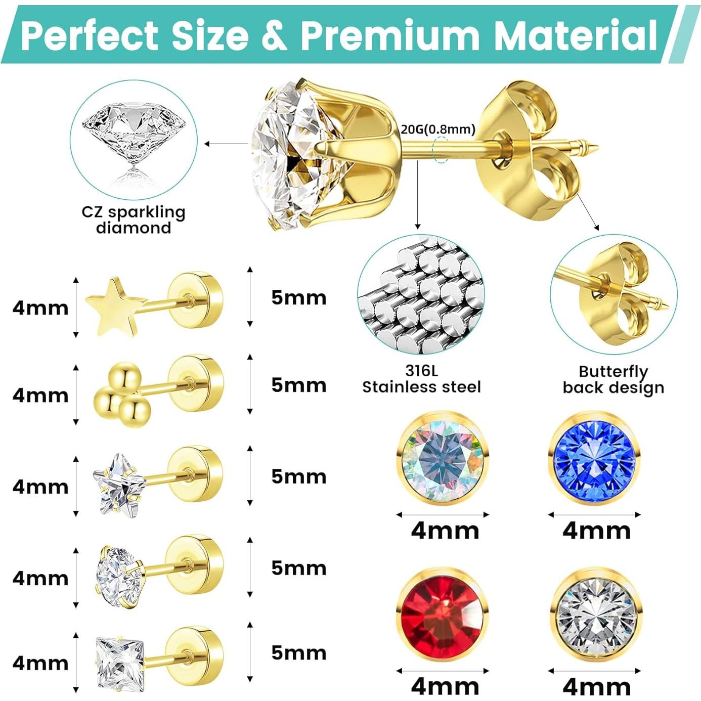 Kit de Perforación de Orejas Zygc 58 Piezas con Pendientes de CZ