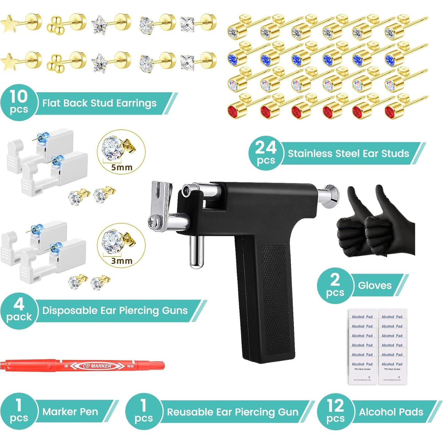 Kit de Perforación de Orejas Zygc 58 Piezas con Pendientes de CZ