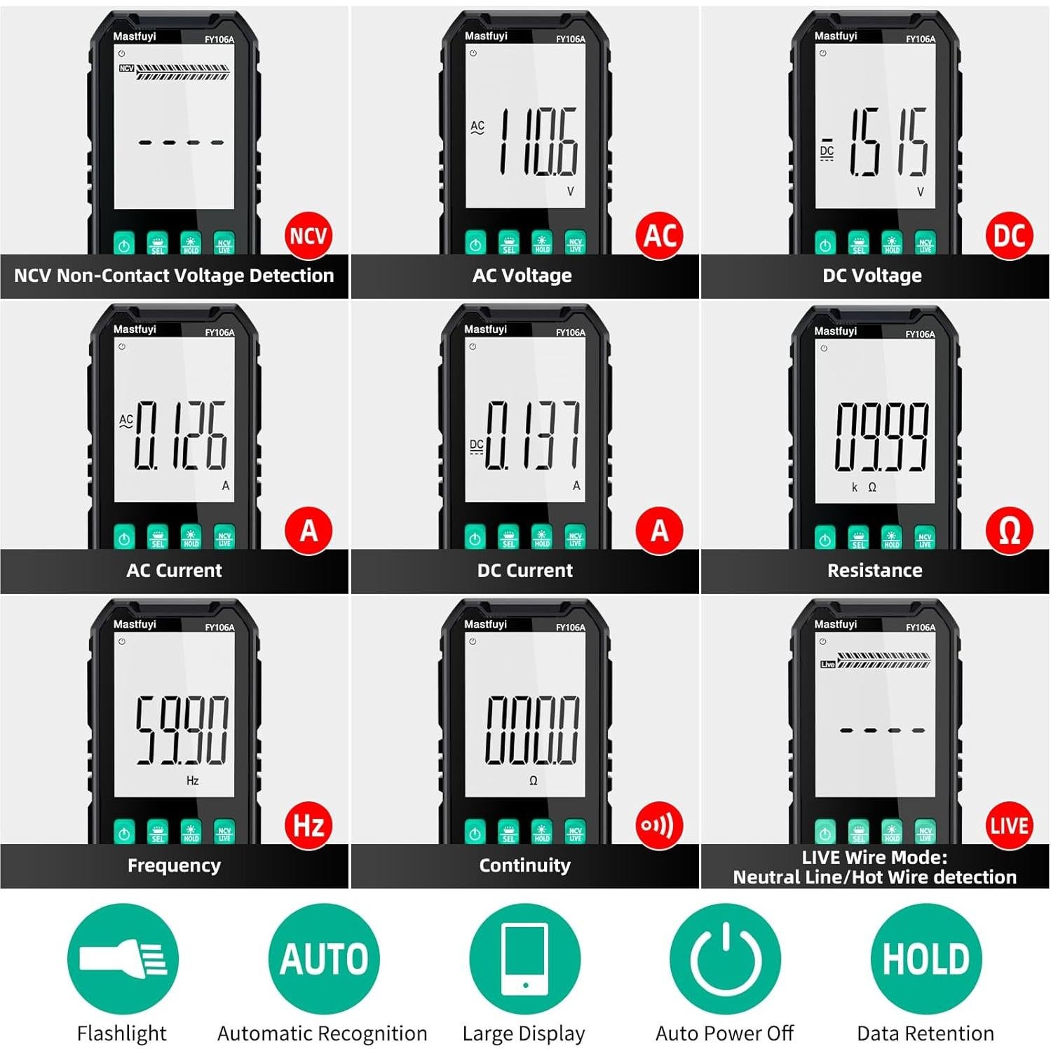 Multímetro Digital Mastfuyi FY106A, True RMS 4000, LCD Retroiluminado