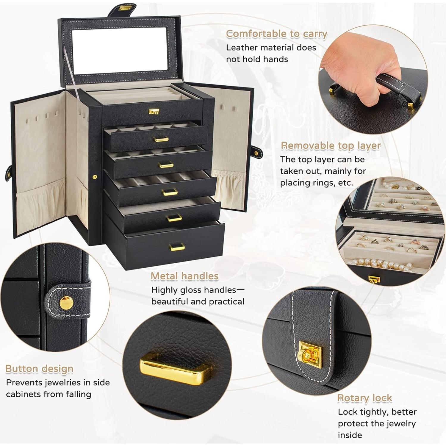 Caja de Joyas AKOZLIN Extra Grande Negra con Espejo y Cerradura