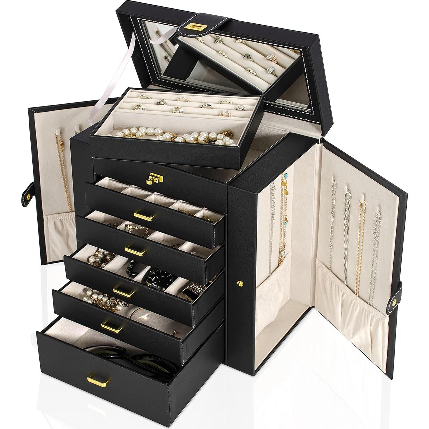 Caja de Joyas AKOZLIN Extra Grande Negra con Espejo y Cerradura