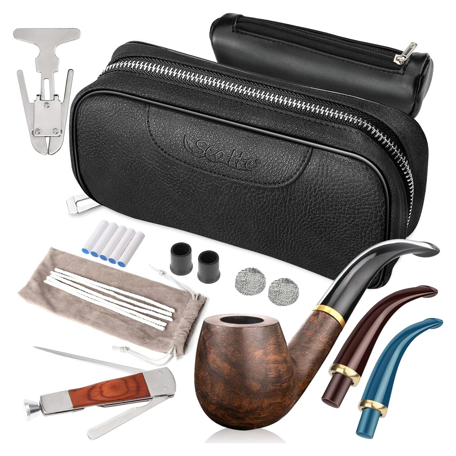 Juego de Pipa de Tabaco Scotte con Accesorios y Bolsa de Cuero