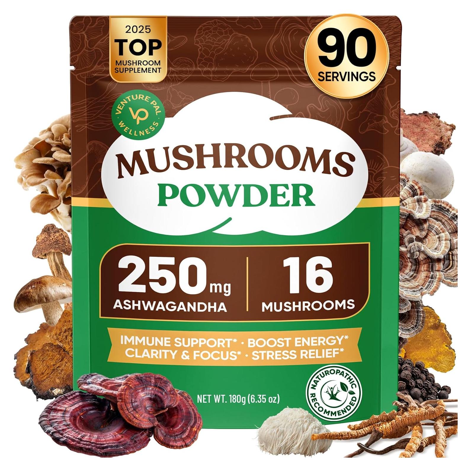 Venture Pal 16-in-1 Mushroom Powder 17,300mg with Adaptogens for Coffee & Tea | Ashwagandha, Lion’s Mane, Rhodiola | 10:1 Extract from 100% Fruiting Bodies | 90 Servings