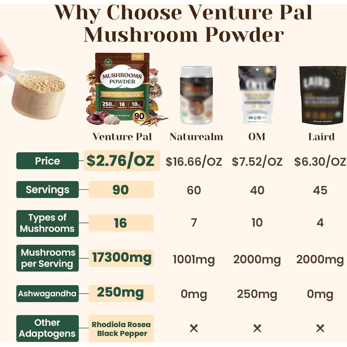 Venture Pal 16-in-1 Mushroom Powder 17,300mg with Adaptogens for Coffee & Tea | Ashwagandha, Lion’s Mane, Rhodiola | 10:1 Extract from 100% Fruiting Bodies | 90 Servings
