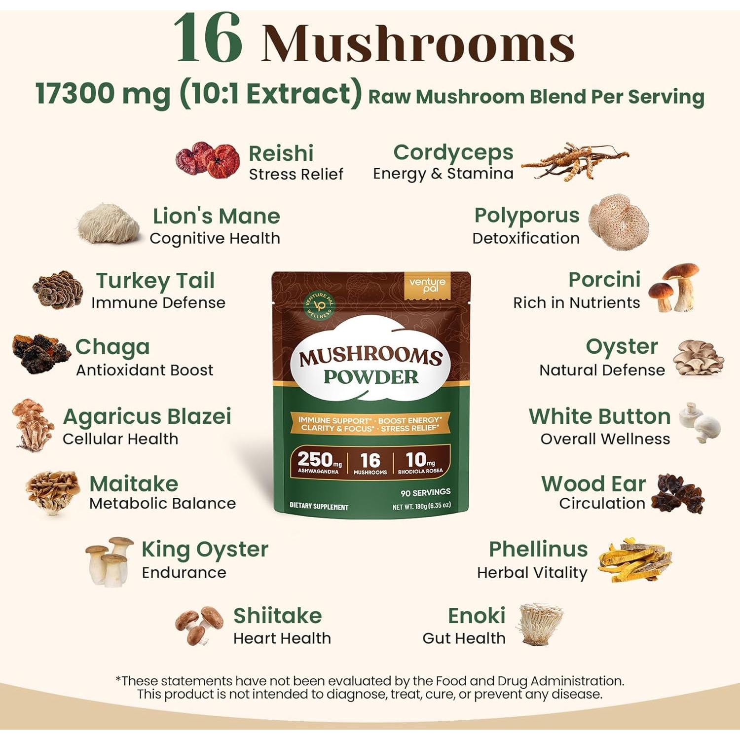 Venture Pal 16-in-1 Mushroom Powder 17,300mg with Adaptogens for Coffee & Tea | Ashwagandha, Lion’s Mane, Rhodiola | 10:1 Extract from 100% Fruiting Bodies | 90 Servings