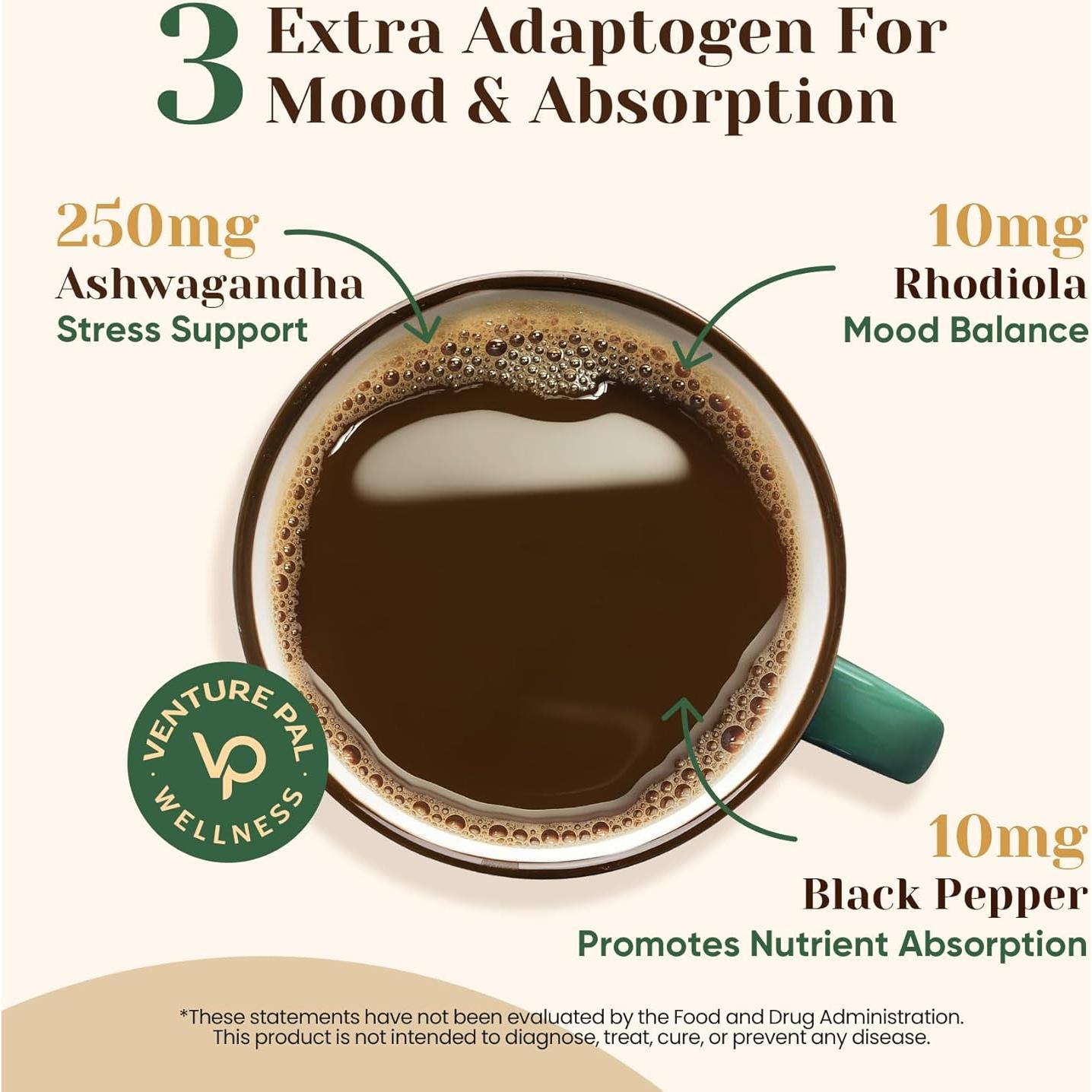 Venture Pal 16-in-1 Mushroom Powder 17,300mg with Adaptogens for Coffee & Tea | Ashwagandha, Lion’s Mane, Rhodiola | 10:1 Extract from 100% Fruiting Bodies | 90 Servings