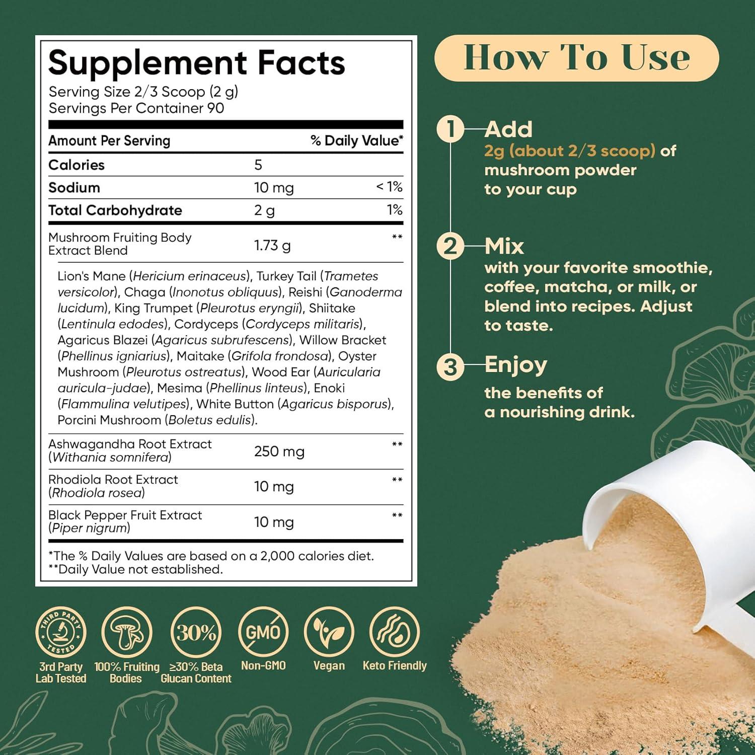 Venture Pal 16-in-1 Mushroom Powder 17,300mg with Adaptogens for Coffee & Tea | Ashwagandha, Lion’s Mane, Rhodiola | 10:1 Extract from 100% Fruiting Bodies | 90 Servings