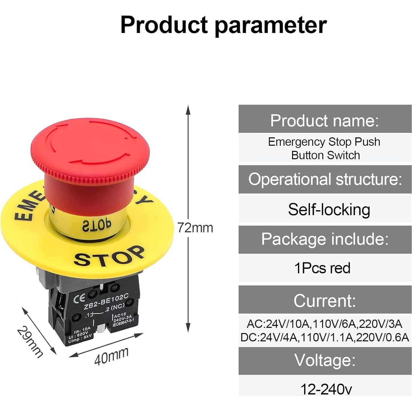 Interruptor de Parada de Emergencia Minyu 1NC Cabeza de Hongo Roja