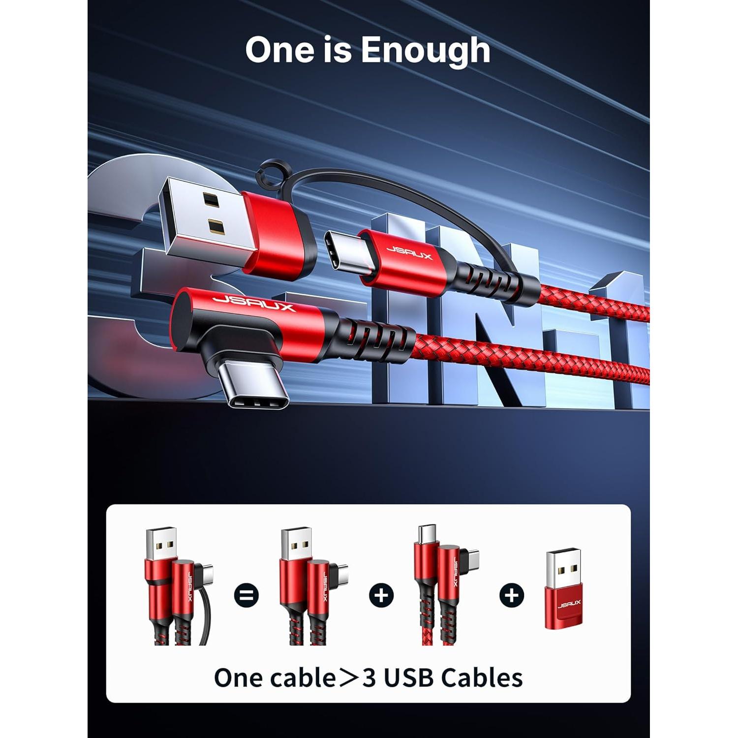 Cable USB C 100W JSAUX 2.0m Rojo Carga Rápida 3 en 1