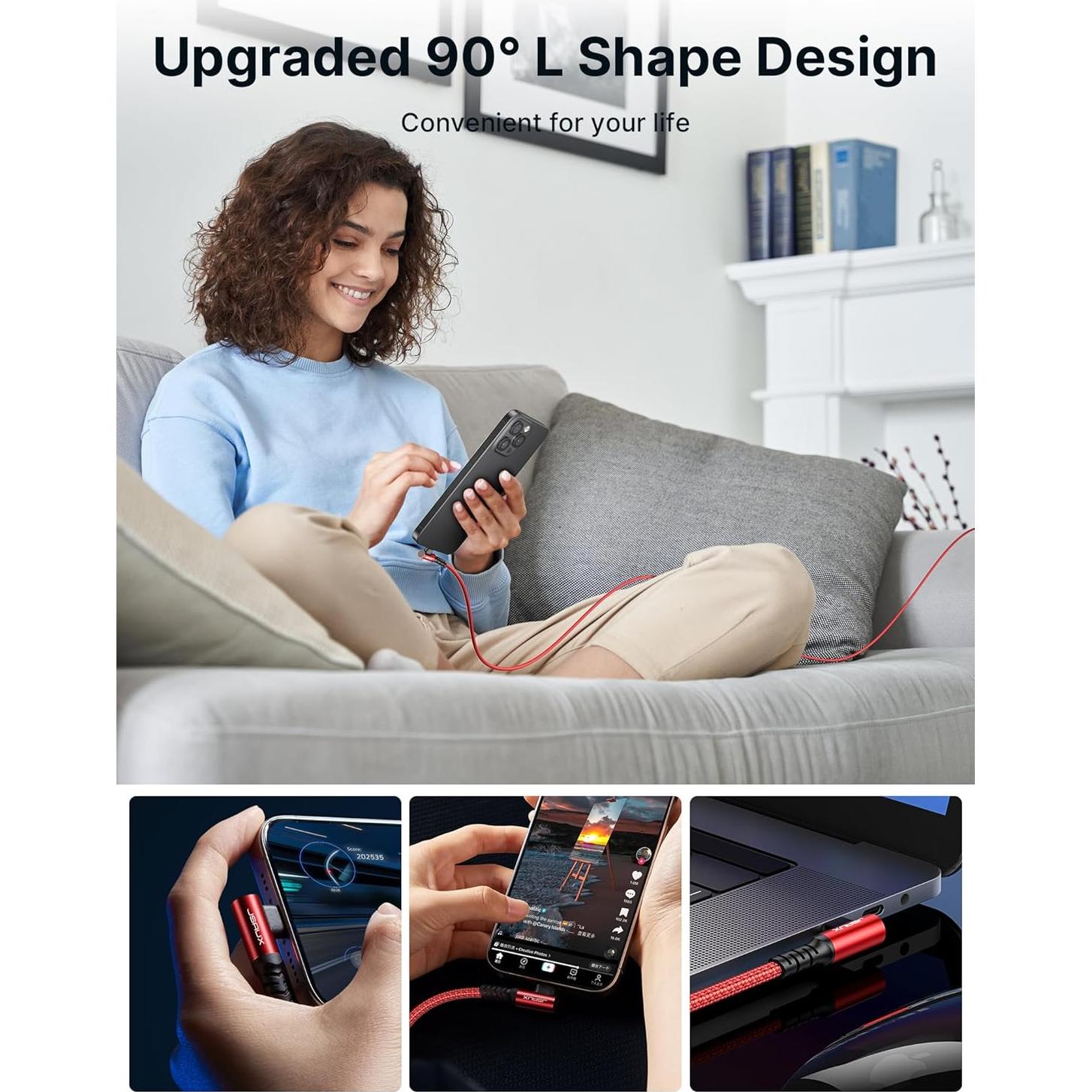 Cable USB C 100W JSAUX 2.0m Rojo Carga Rápida 3 en 1