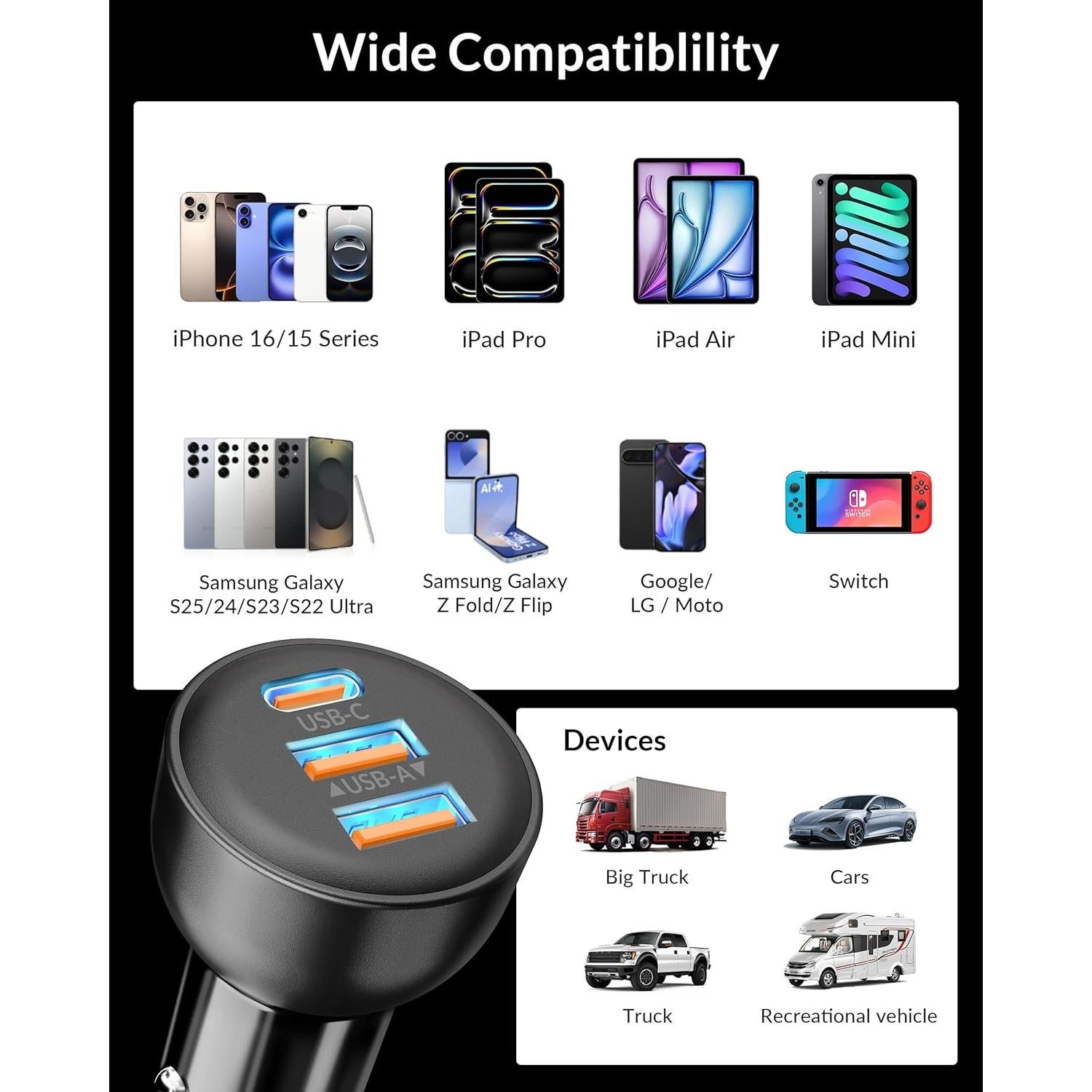 Cargador de coche USB-C 3 Puertos 70W Heyuan - Carga Rápida