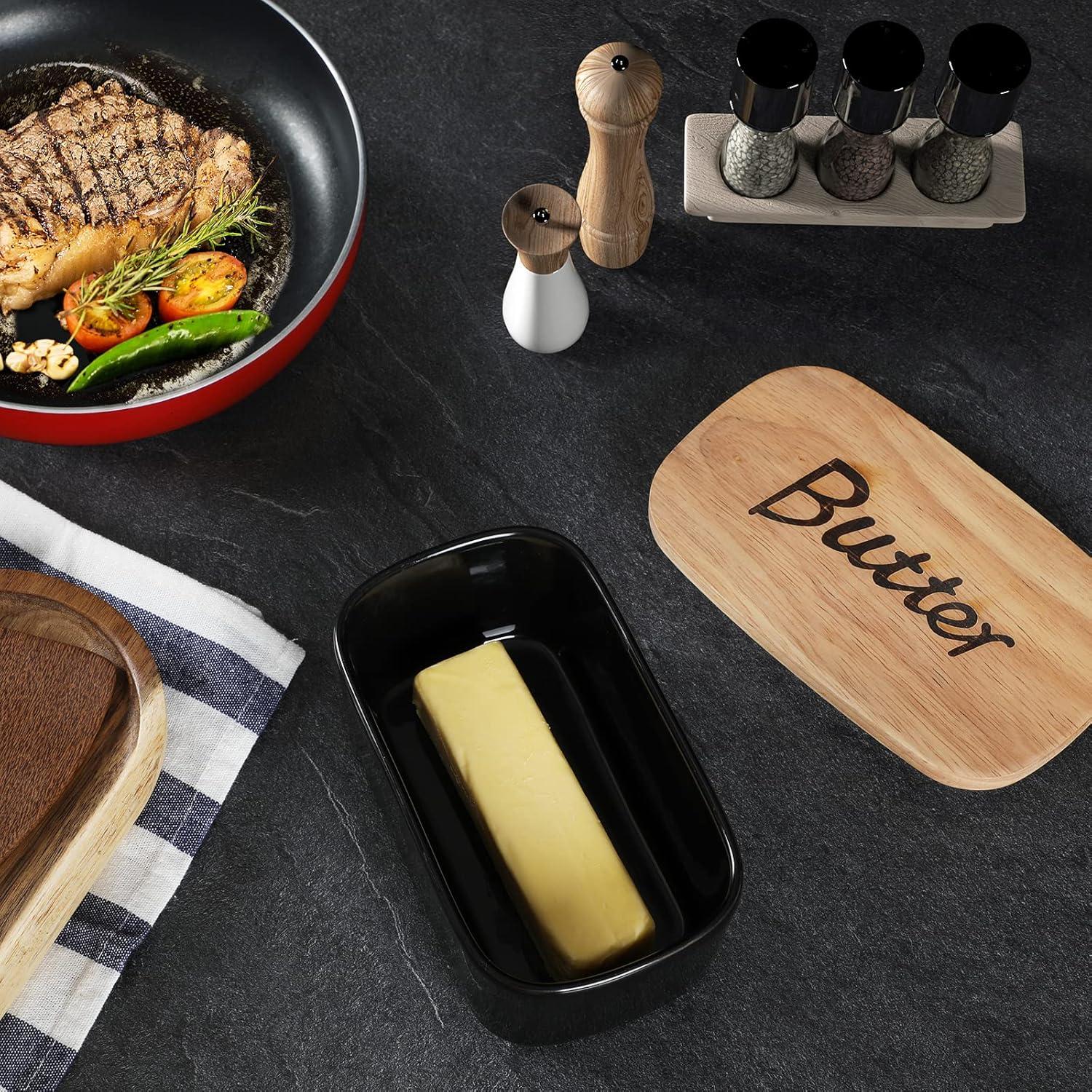 Plato de Mantequilla GDCZ Cerámica con Tapa de Madera - Negro