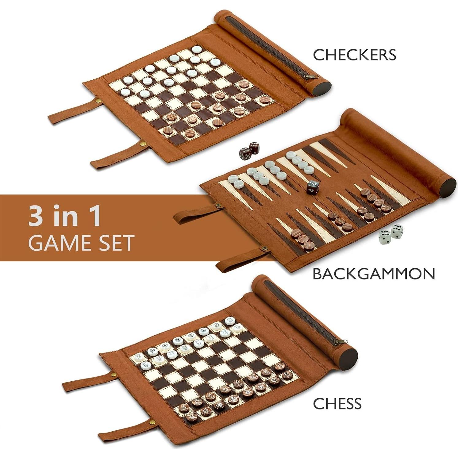 Woodronic Juego 3 en 1 Ajedrez, Damas y Backgammon Plegable