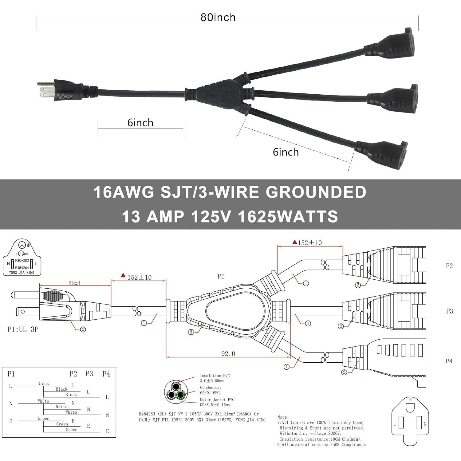 Divisor de Corriente KUNCAN 3 Salidas 0.3m 16AWG 13A Negro