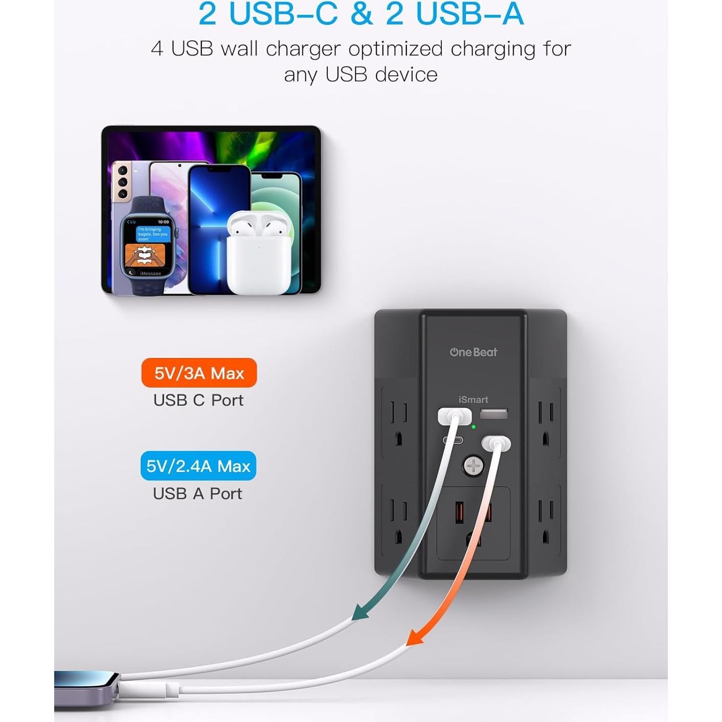 Multi Enchufe One Beat 5 Salidas 4 USB Carga Rápida 1800J