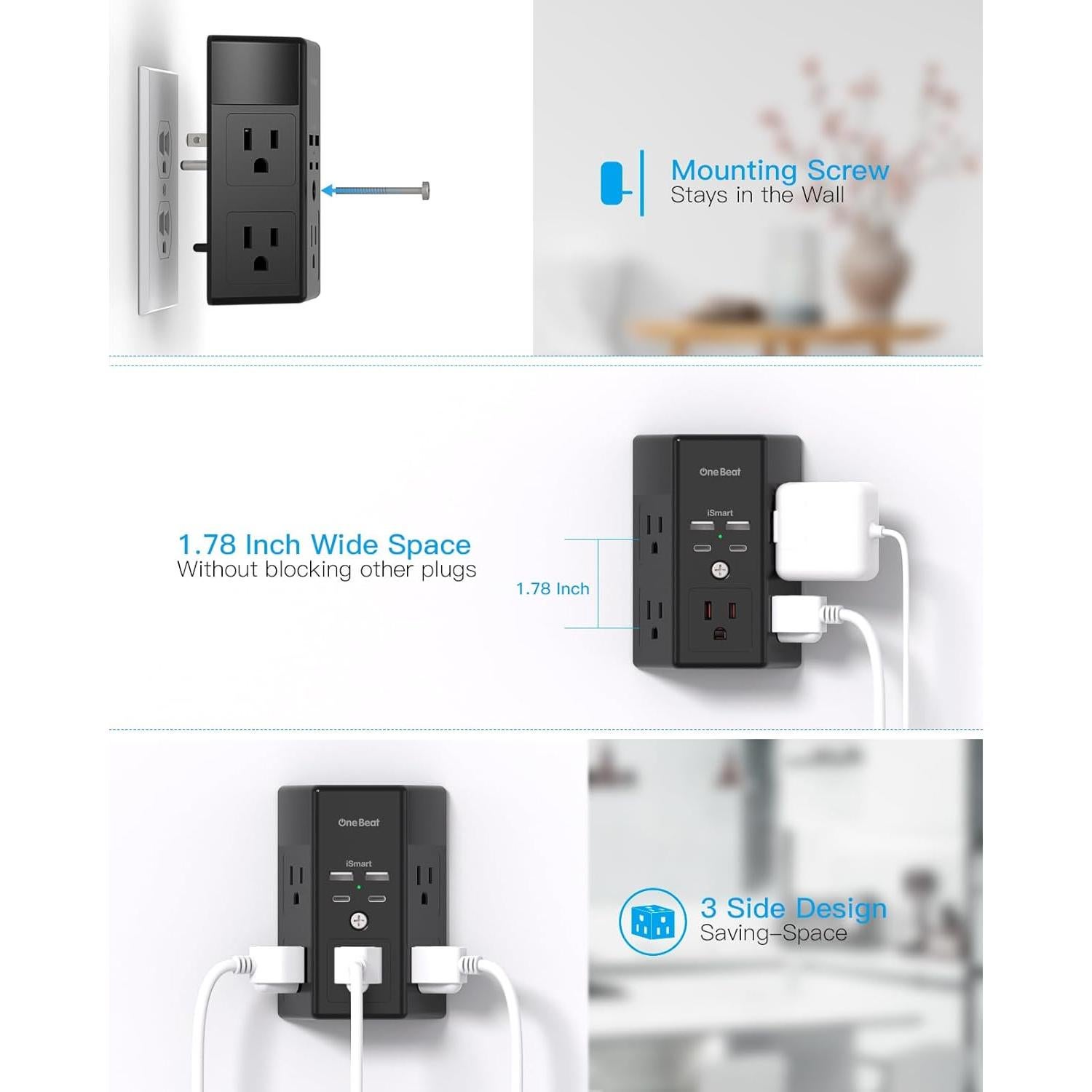 Multi Enchufe One Beat 5 Salidas 4 USB Carga Rápida 1800J