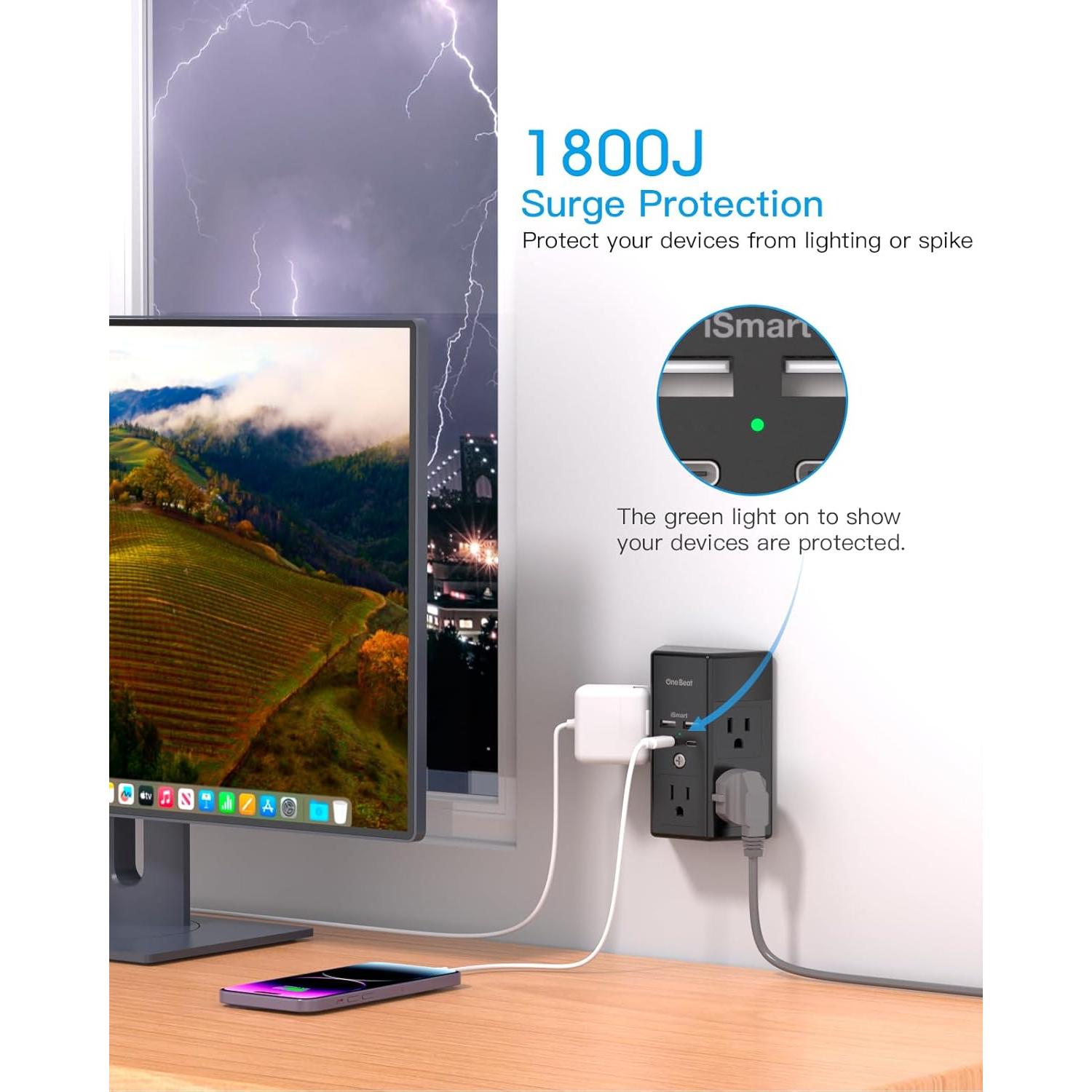 Multi Enchufe One Beat 5 Salidas 4 USB Carga Rápida 1800J