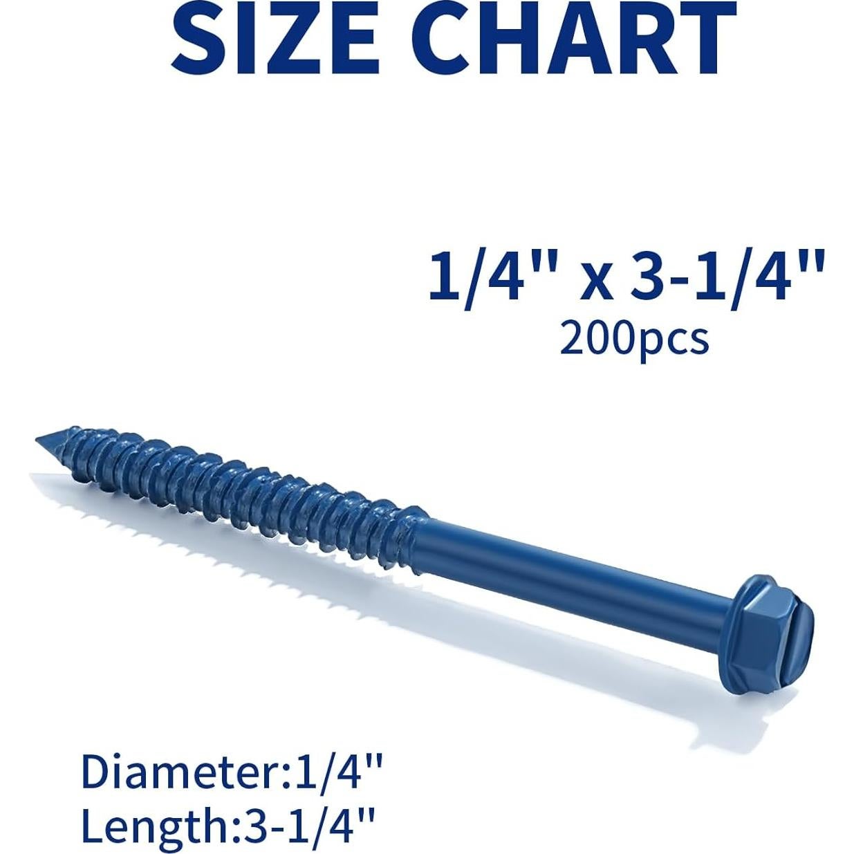 200 Tornillos de Concreto GOOBETTER 6.35x82.55mm con Brocas