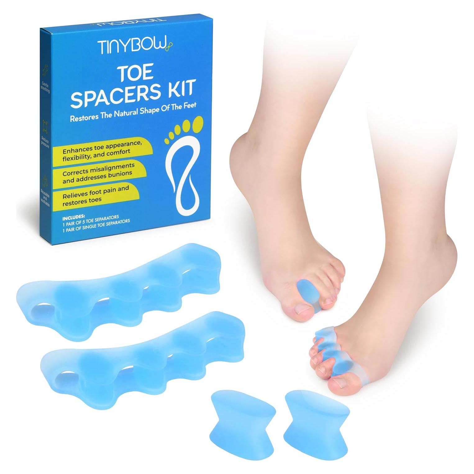 Tinybow Gel Toe Separators for Women, Silicone Toe Spacers for Men - Bunion Corrector, Hammer Toe Straightener - Toe Spreaders Alignment Kit - Blue Large