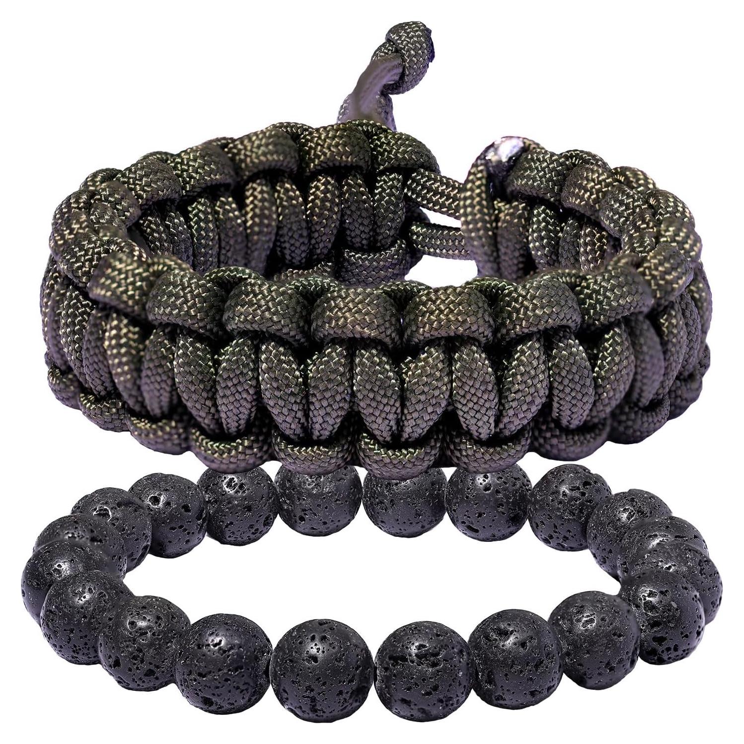 Juego de Pulseras de Paracord y Piedra de Lava Xfoxstal 2 Piezas