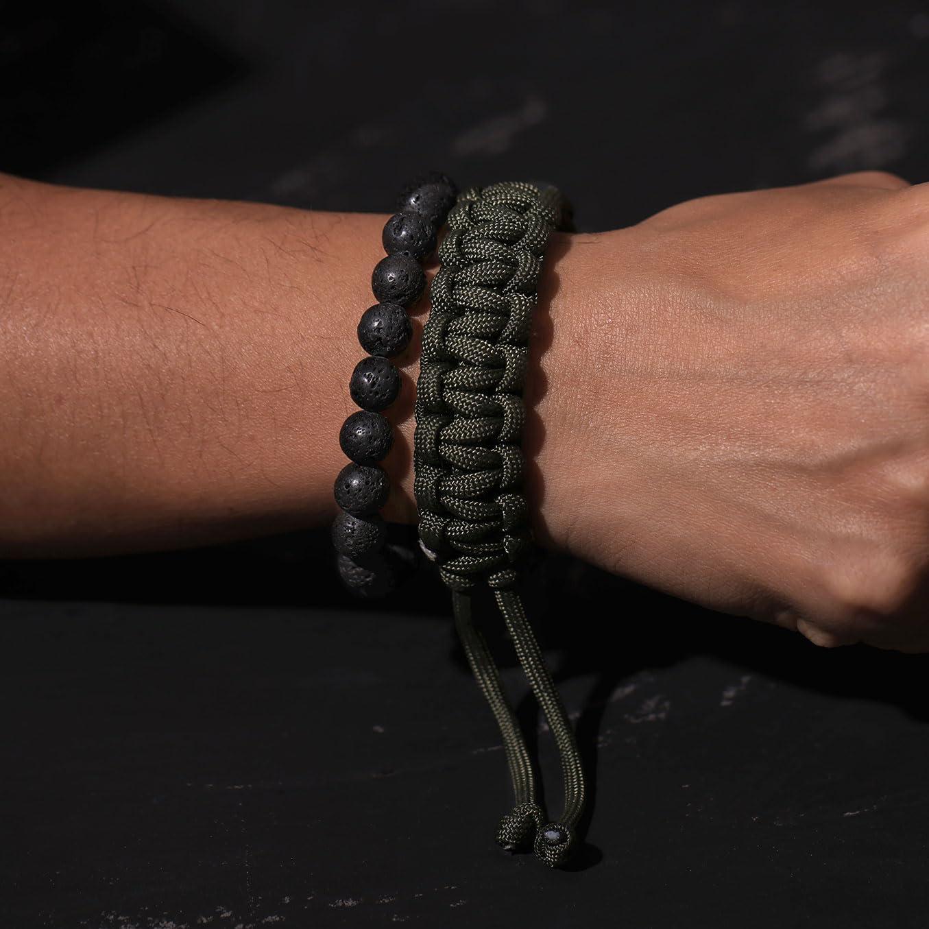 Juego de Pulseras de Paracord y Piedra de Lava Xfoxstal 2 Piezas