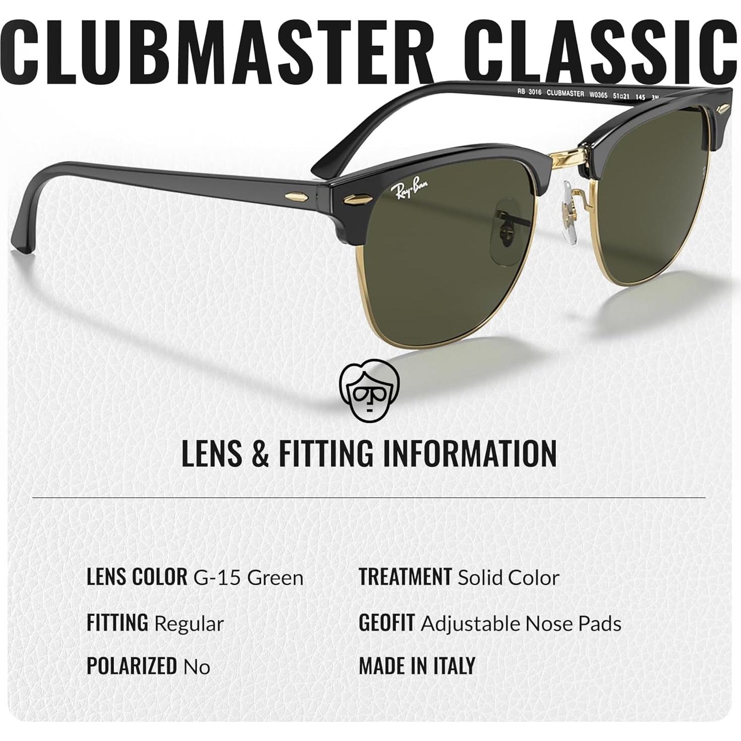 Gafas de Sol Ray-Ban RB3016 Clubmaster Clásico 49mm Verde G-15