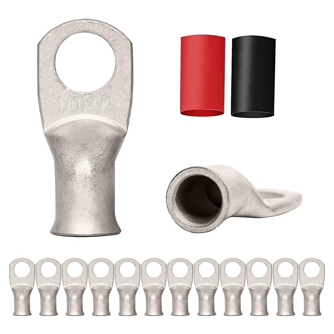 12PCS 1x0-1x2 Tinned Copper Ring Terminal Connectors 1x0 AWG Heavy Duty Battery Cable Ends Bare Copper Lugs with 12 PCS 3:1 Heat Shrink Tubing for Vehicle Boat Marine Use