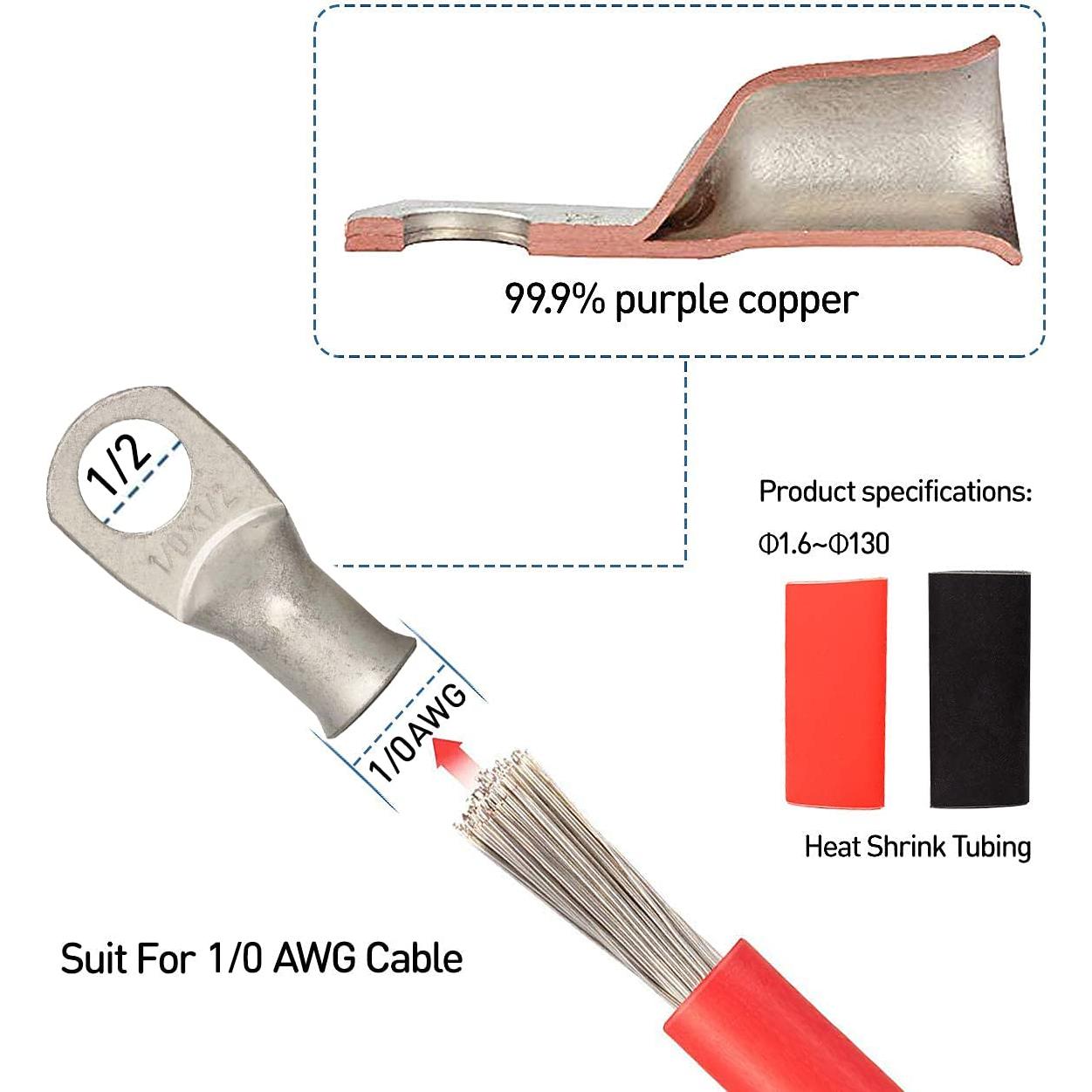 12PCS 1x0-1x2 Tinned Copper Ring Terminal Connectors 1x0 AWG Heavy Duty Battery Cable Ends Bare Copper Lugs with 12 PCS 3:1 Heat Shrink Tubing for Vehicle Boat Marine Use