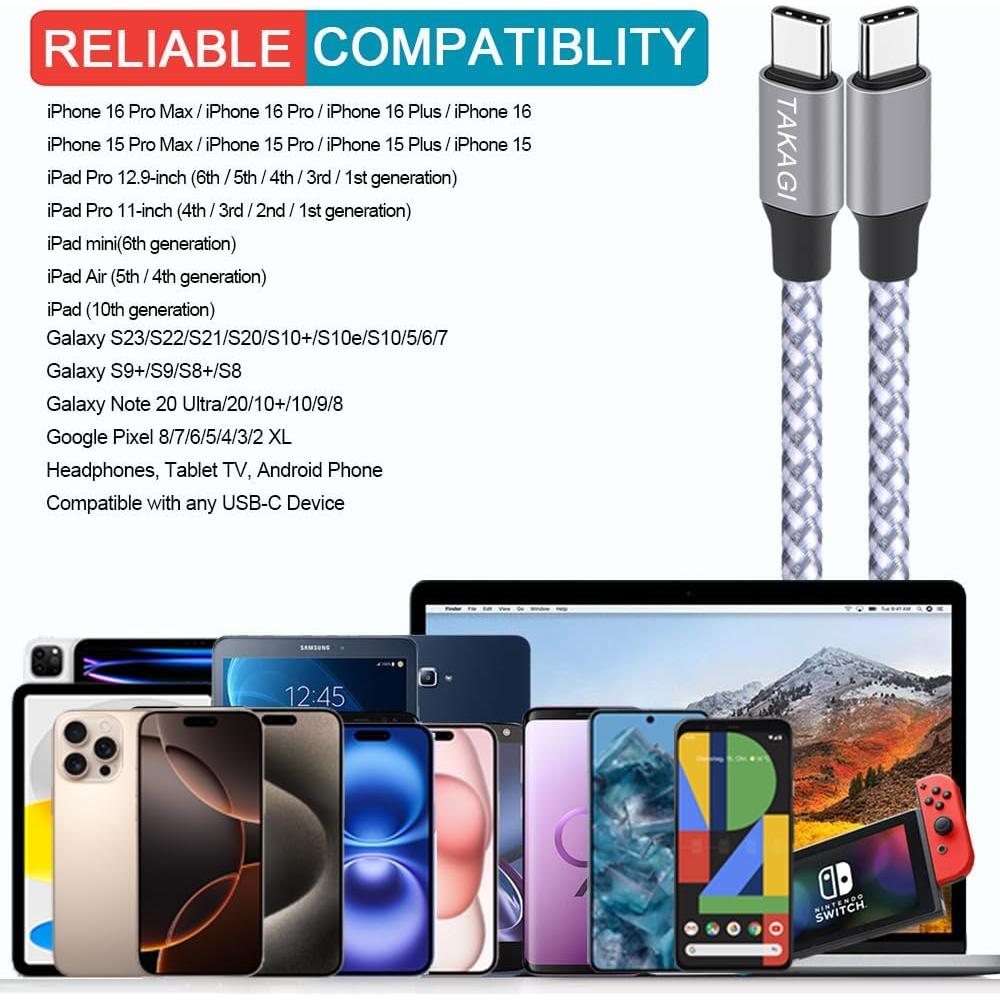 Cable USB C a USB C 60W TAKAGI 0.91m Carga Rápida 3 Pack