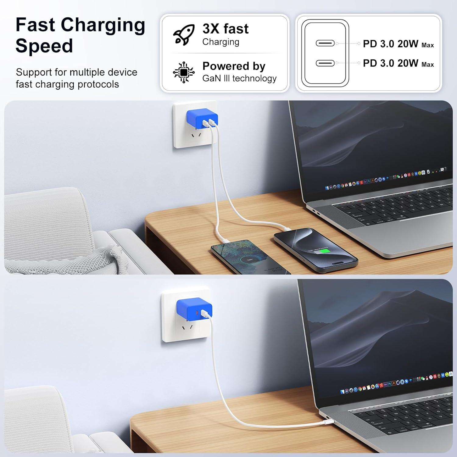Cargador Dual USB C 40W Susnwere - Adaptador Rápido 2 Puertos