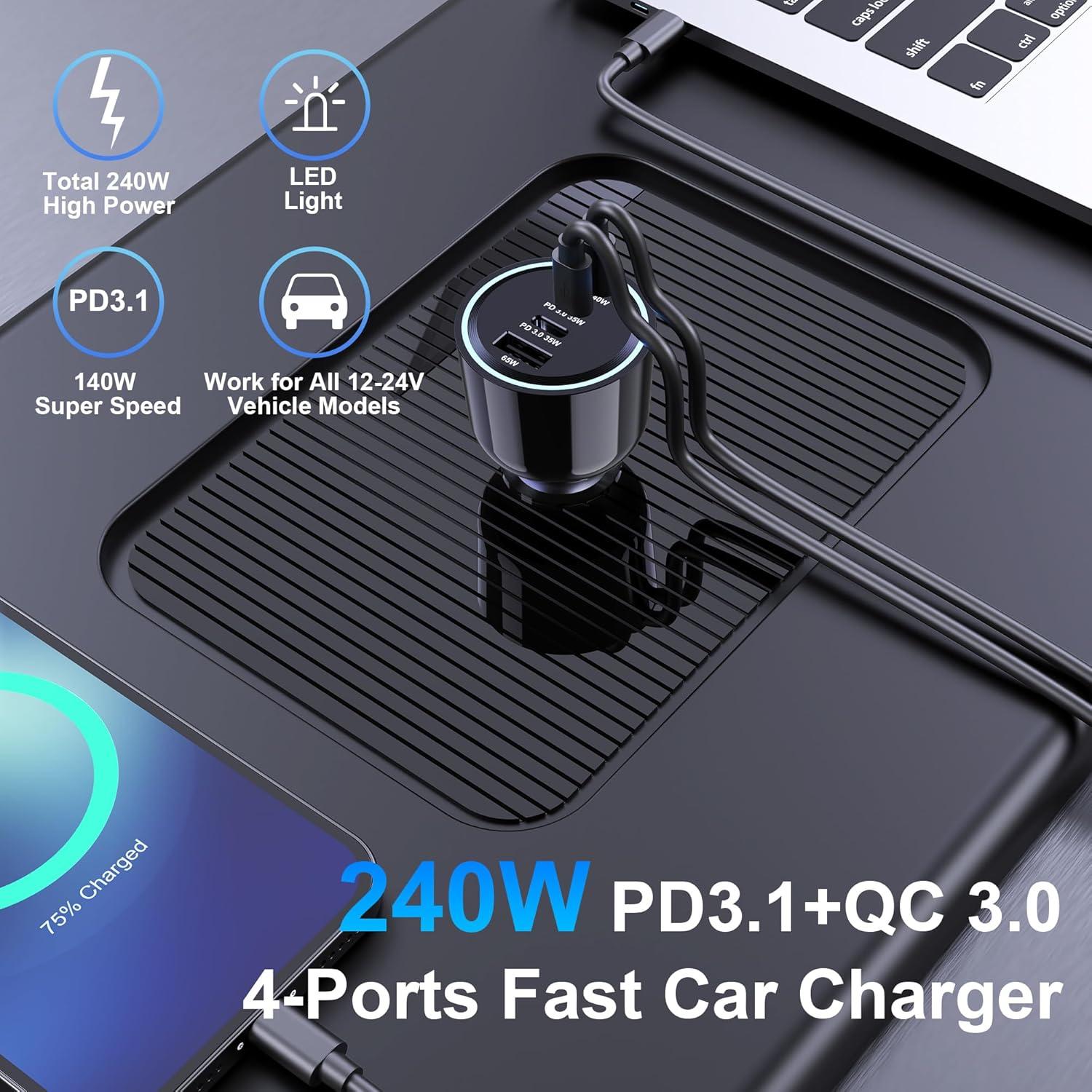 Cargador de Coche USB C URVNS 240W 4 Puertos PD Rápido