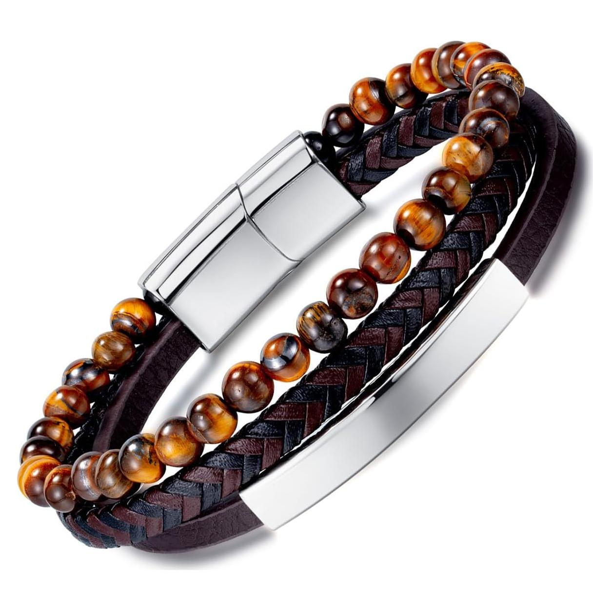 Pulsera de Cuero Genuino para Hombre con Clip de Acero