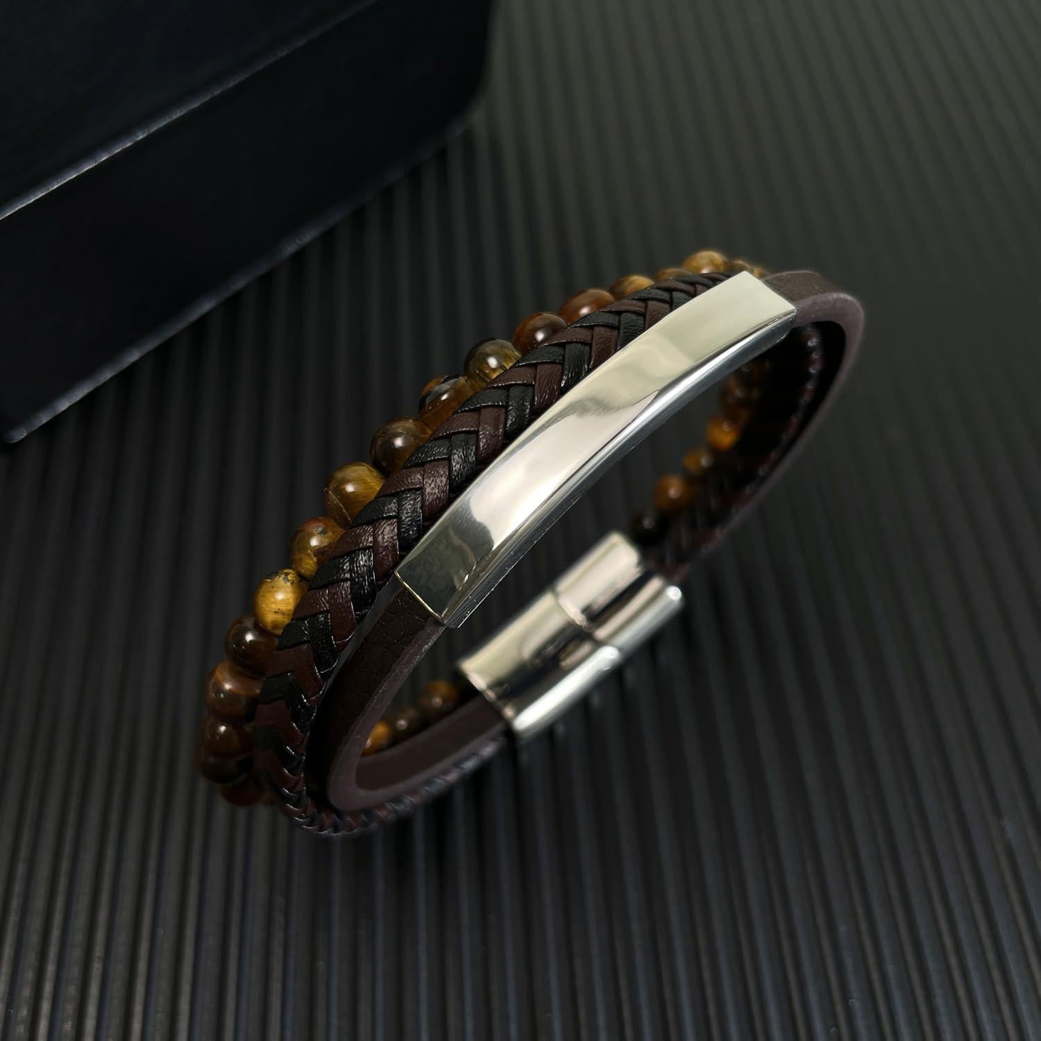Pulsera de Cuero Genuino para Hombre con Clip de Acero