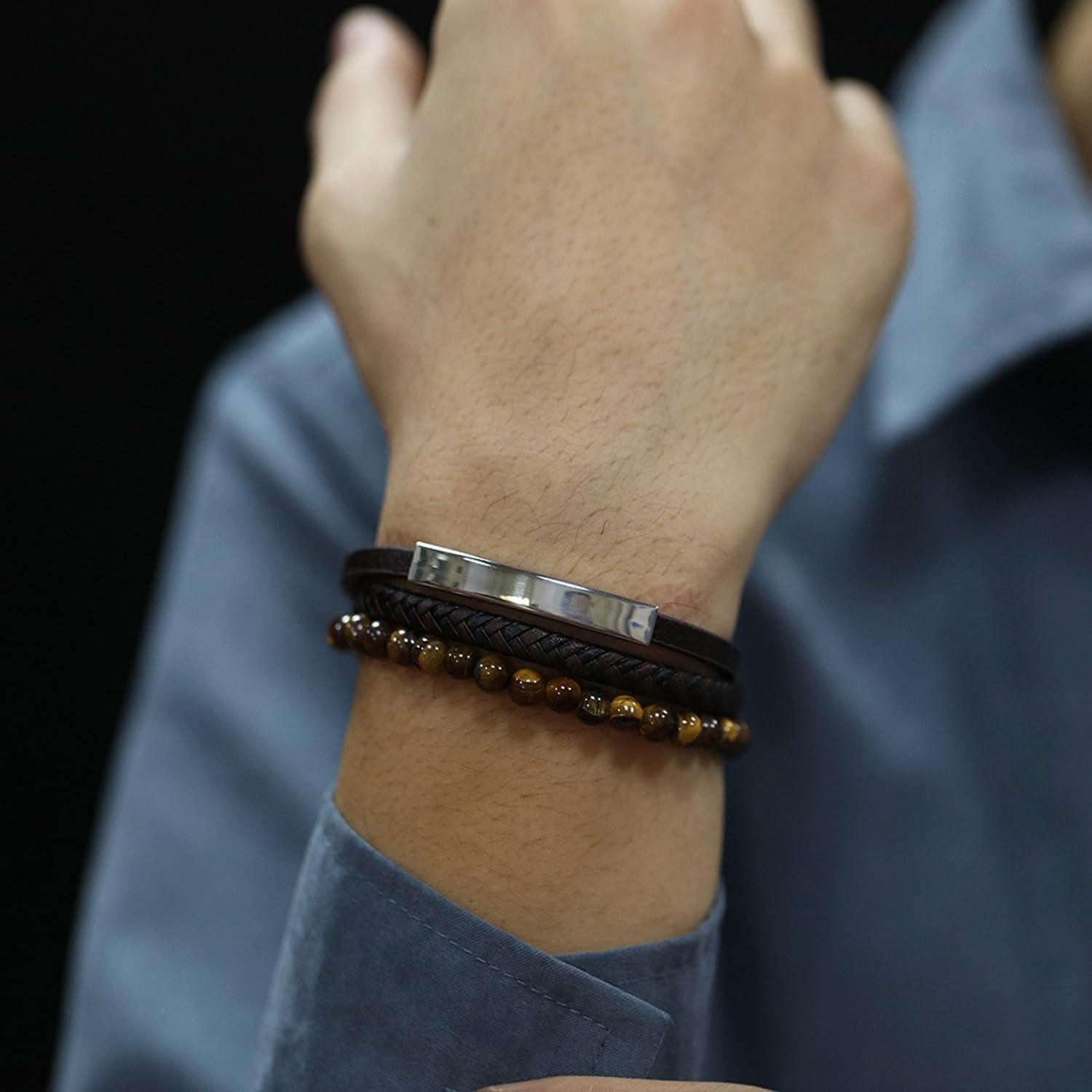 Pulsera de Cuero Genuino para Hombre con Clip de Acero