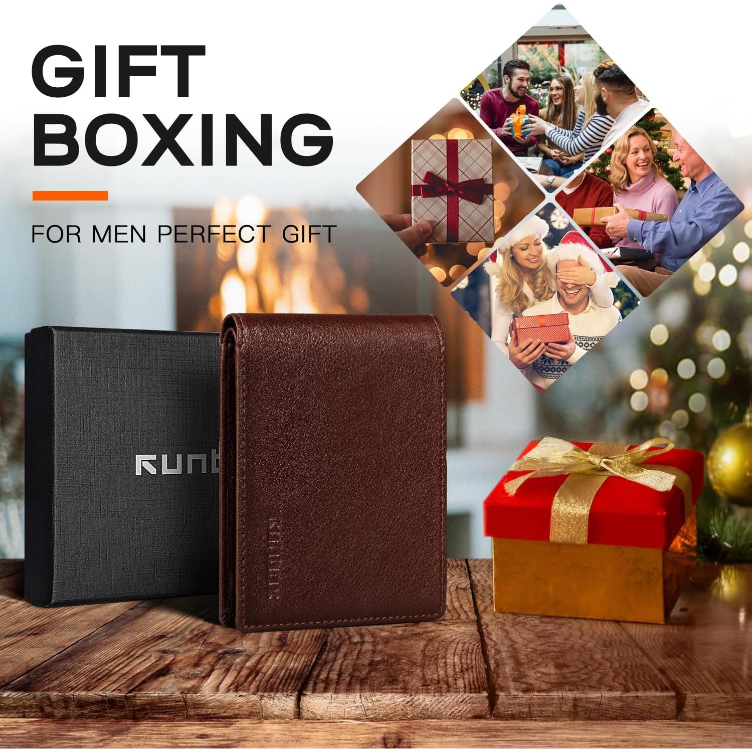 Cartera RUNBOX Bifold de Cuero para Hombres con Bloqueo RFID