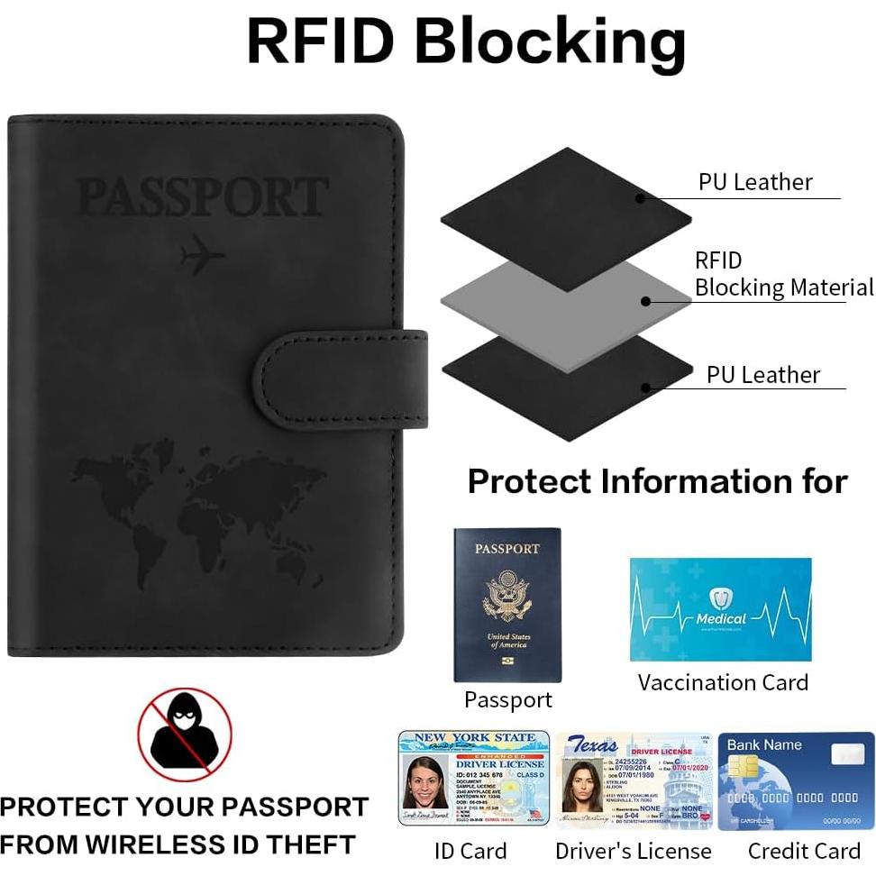 Portapasaportes de Cuero PU Negro STPIYFZU con Bloqueo RFID