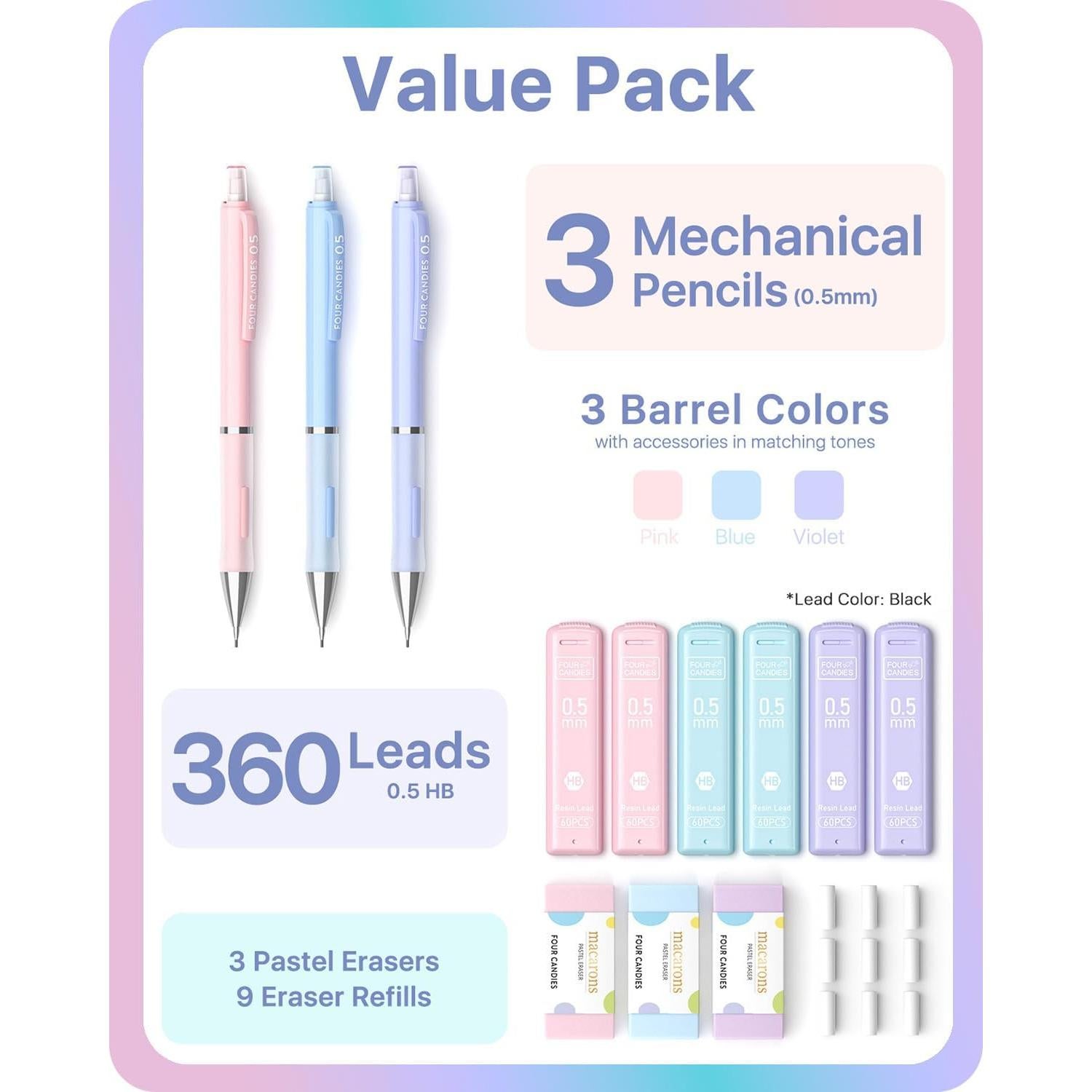 Lápices Mecánicos Cuatro Caramelos 0.5mm con Borradores Pastel