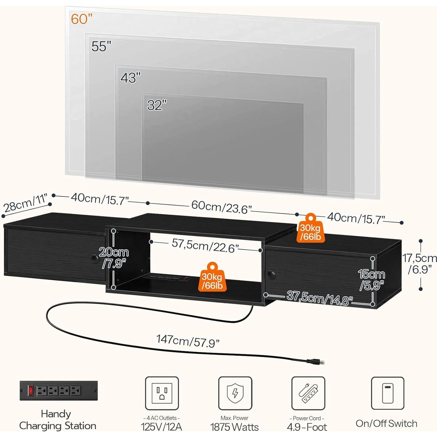 Soporte de TV Flotante HOOBRO 139.7 cm con Salidas de Energía