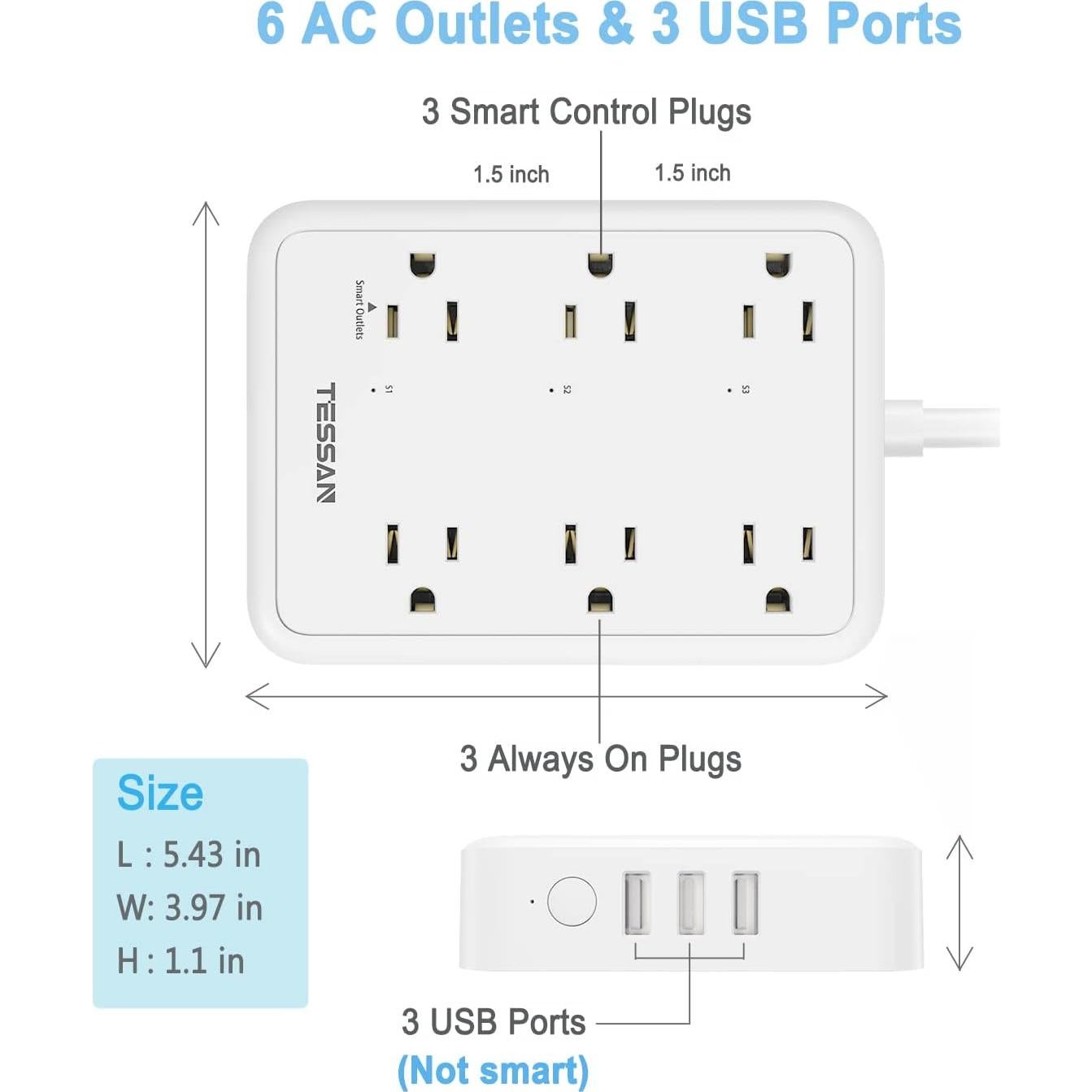 Regleta Inteligente TESSAN con 3 Enchufes y 3 USB 1.83m