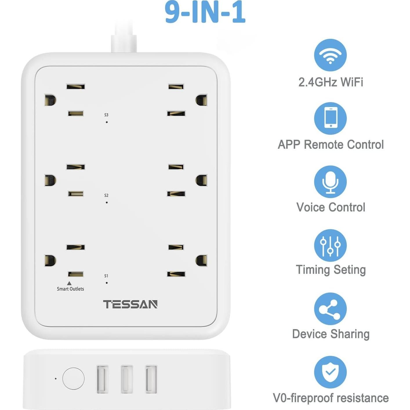 Regleta Inteligente TESSAN con 3 Enchufes y 3 USB 1.83m