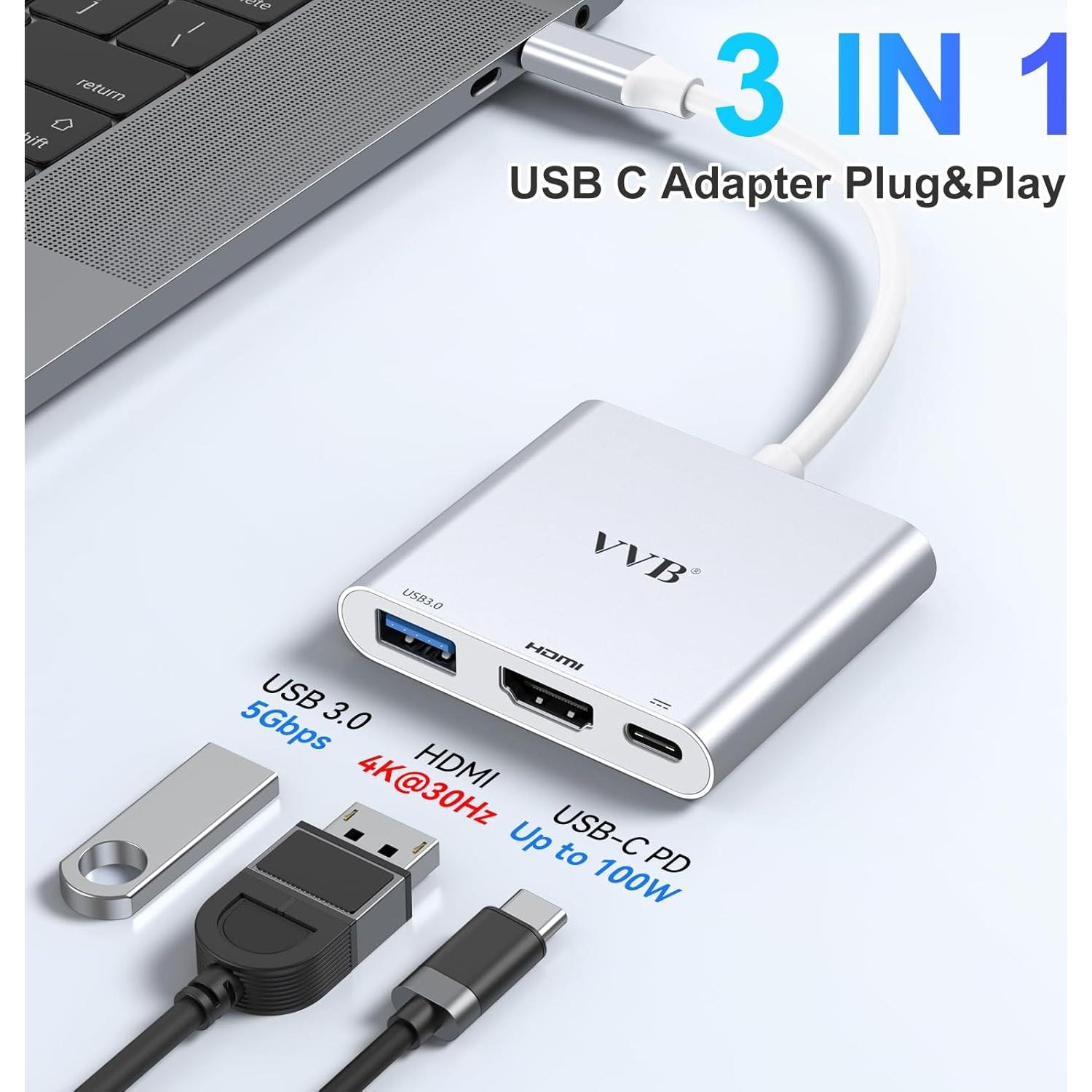 Adaptador USB C a HDMI 4K VVB 3 en 1 con USB 3.0 y Carga PD