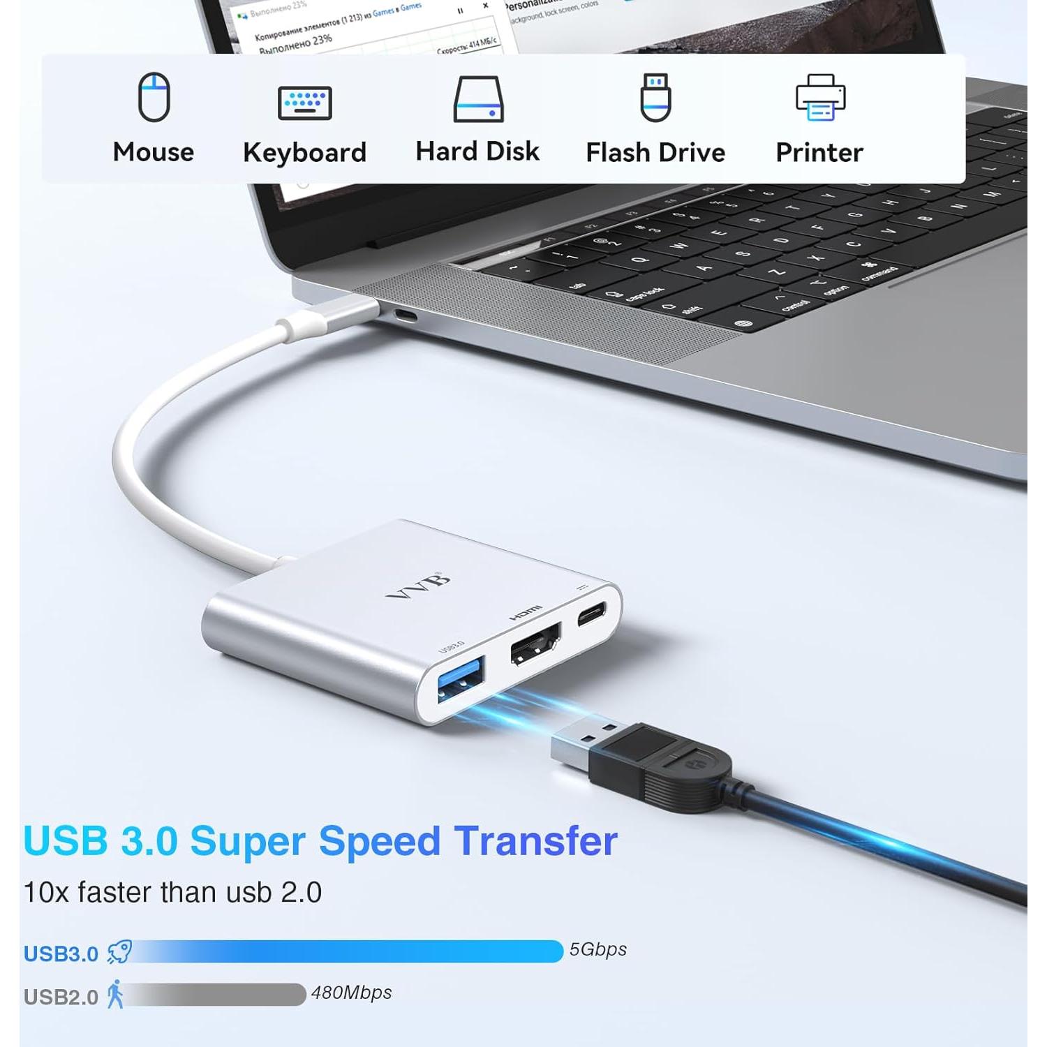 Adaptador USB C a HDMI 4K VVB 3 en 1 con USB 3.0 y Carga PD