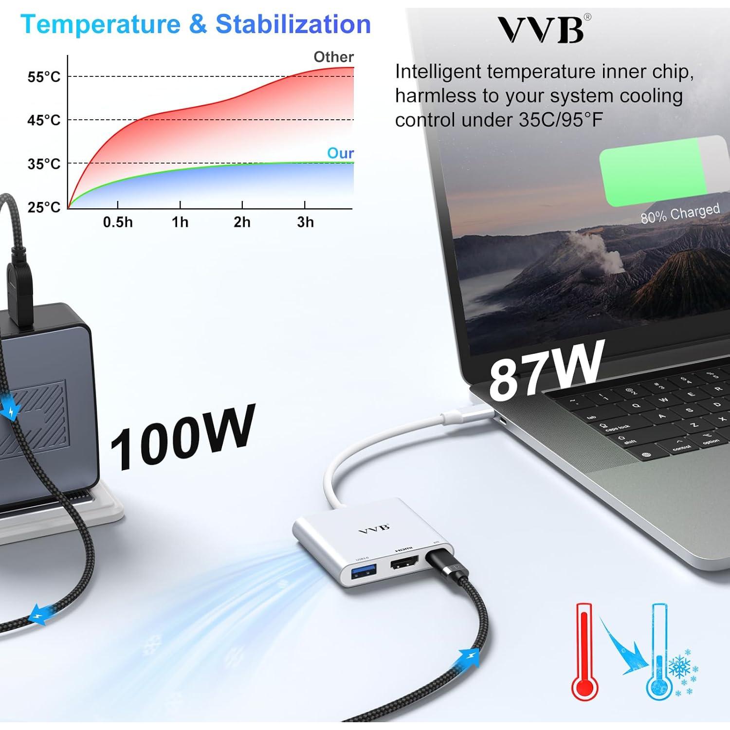 Adaptador USB C a HDMI 4K VVB 3 en 1 con USB 3.0 y Carga PD