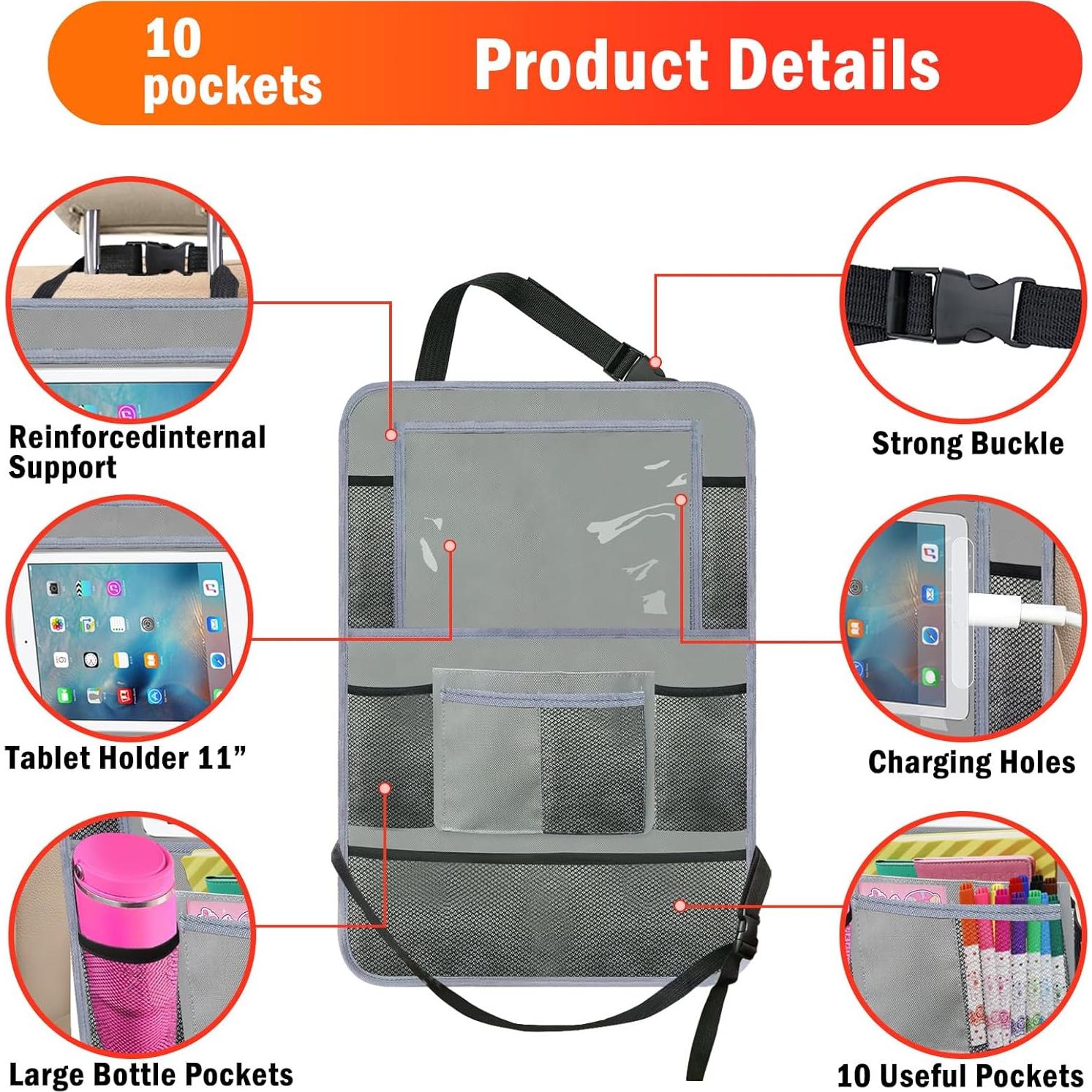 Organizador de Asiento Trasero Zecirl 2 Paquete Gris 10 Bolsillos