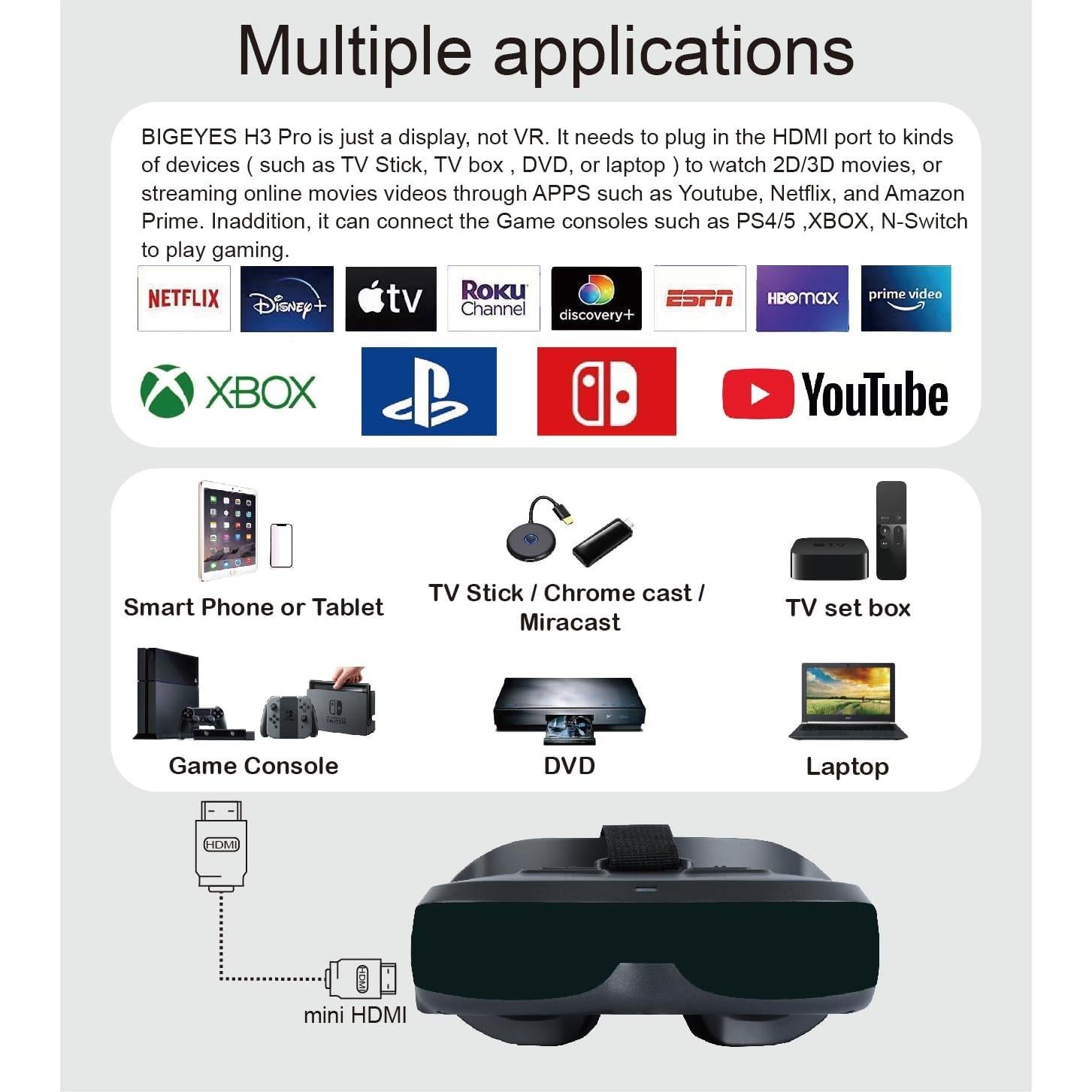 Gafas de Video 3D Bigeyes H3 Pro HDMI 720p Batería 4.5h