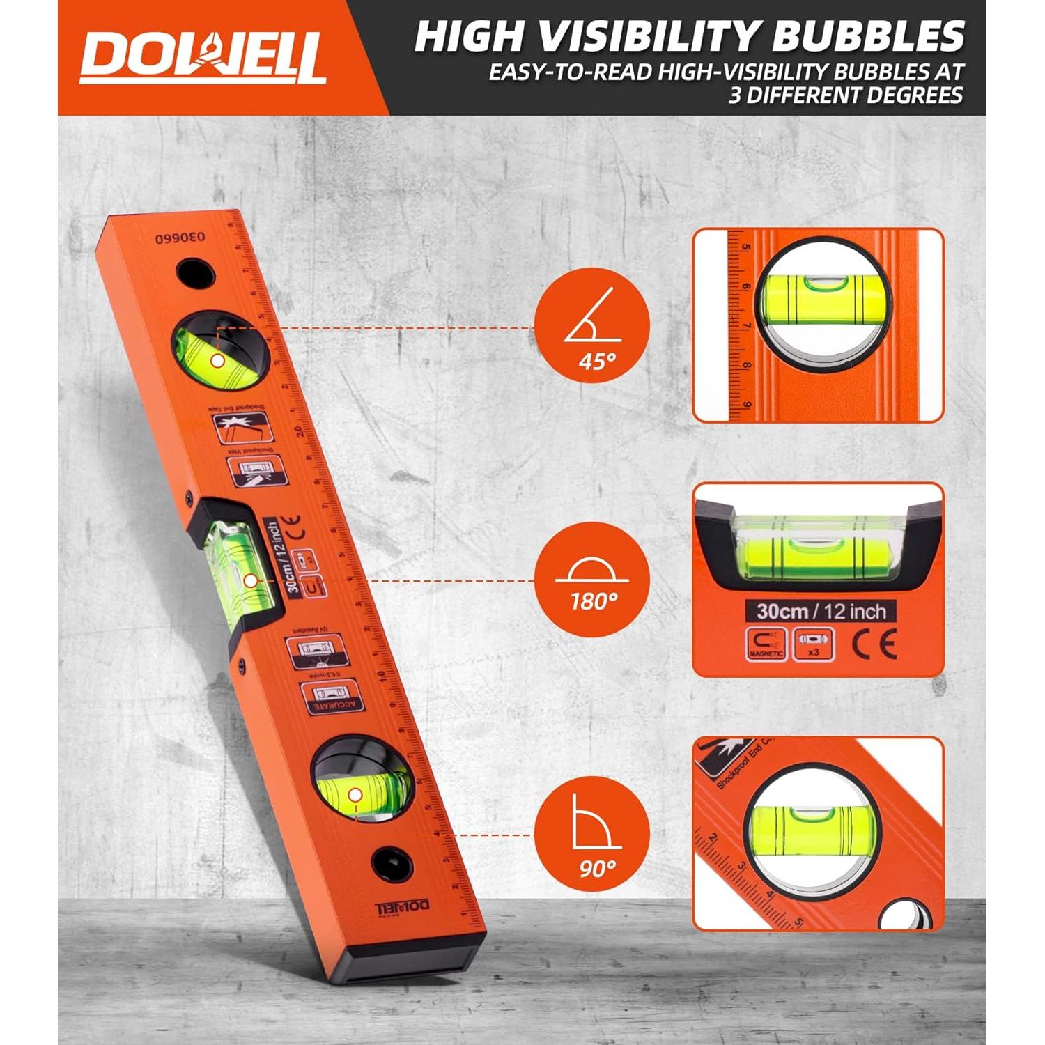 Nivel de Burbuja Magnético DOWELL 12" (300mm) 3 Viales