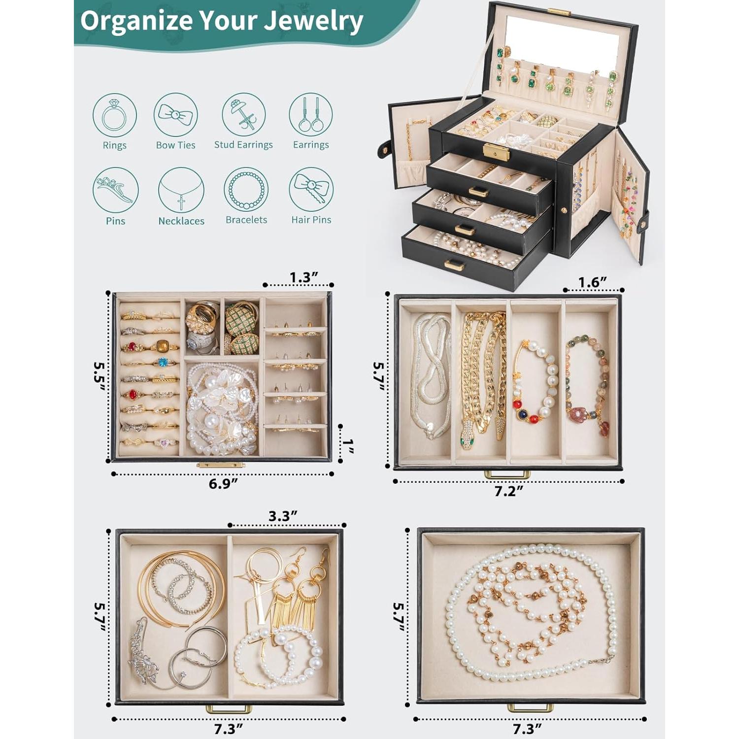 Caja de Joyería Grande AKOZLIN 4 Niveles con Cerradura y Espejo