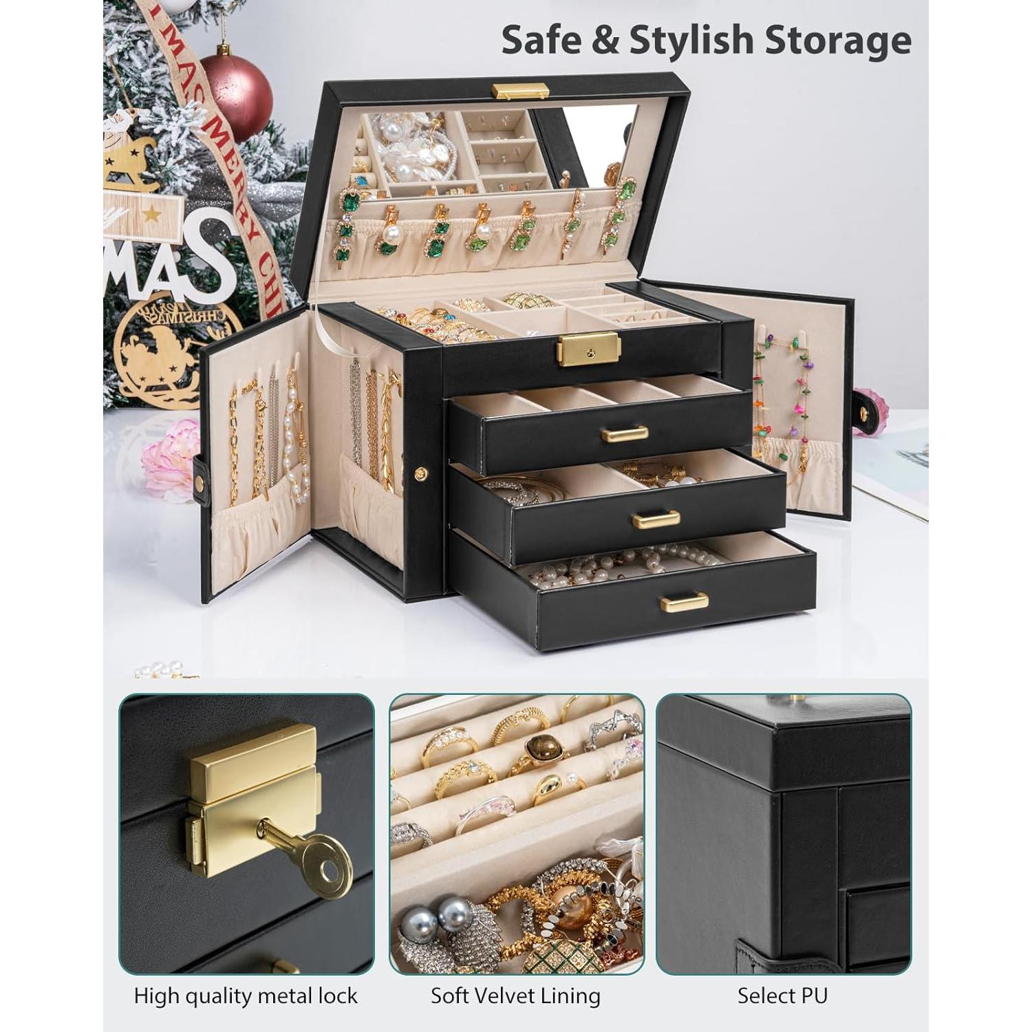 Caja de Joyería Grande AKOZLIN 4 Niveles con Cerradura y Espejo