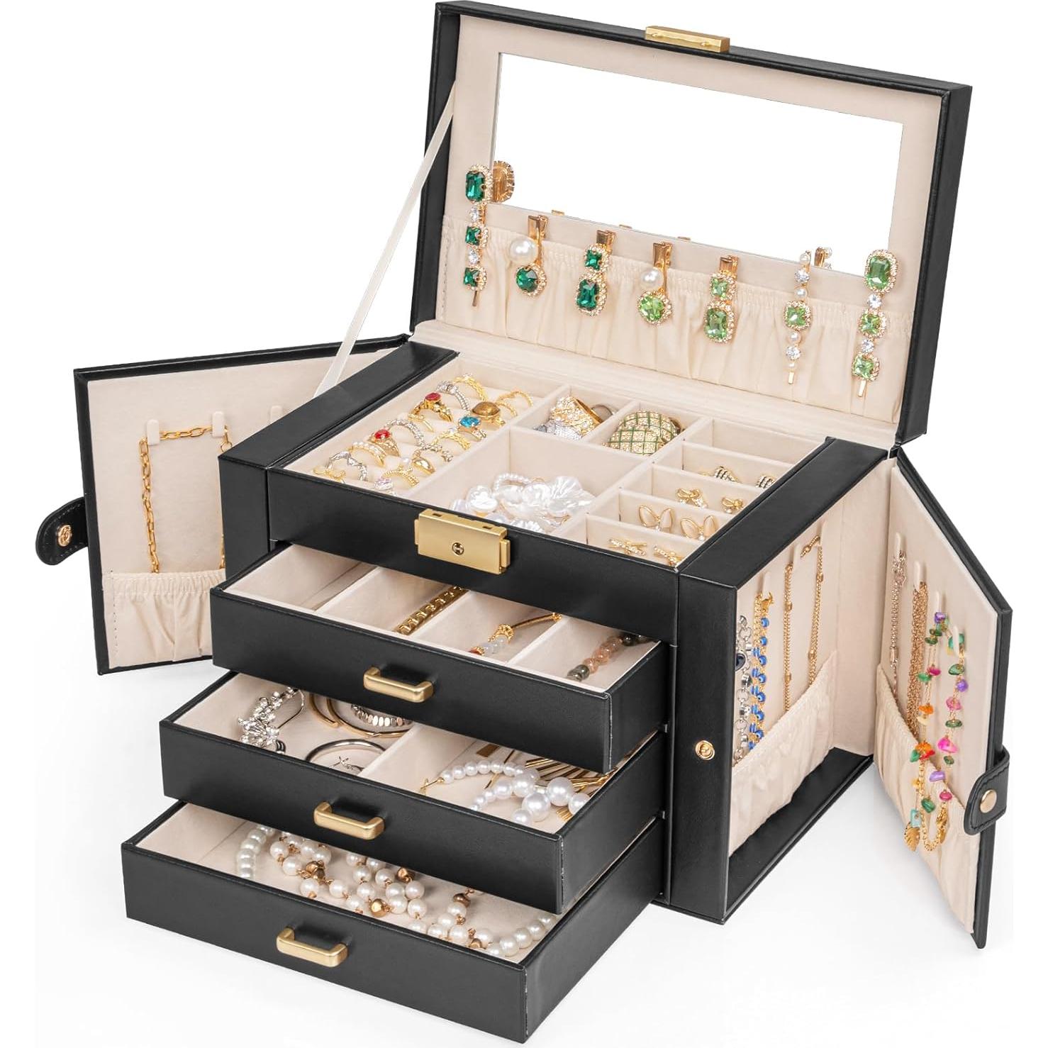 Caja de Joyería Grande AKOZLIN 4 Niveles con Cerradura y Espejo