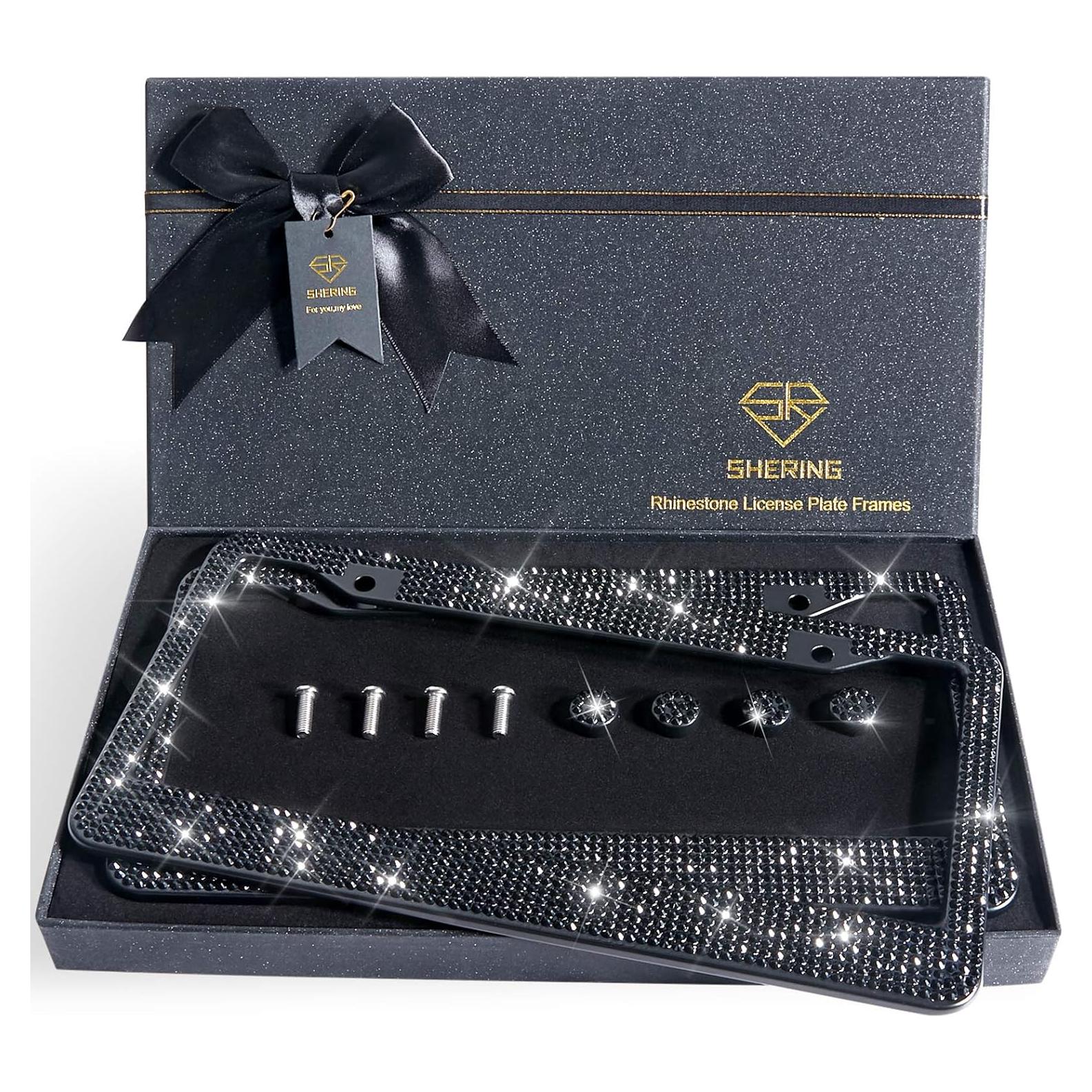 Marco de Placa de Licencia Shering con Rhinestones Negros 2 Pcs